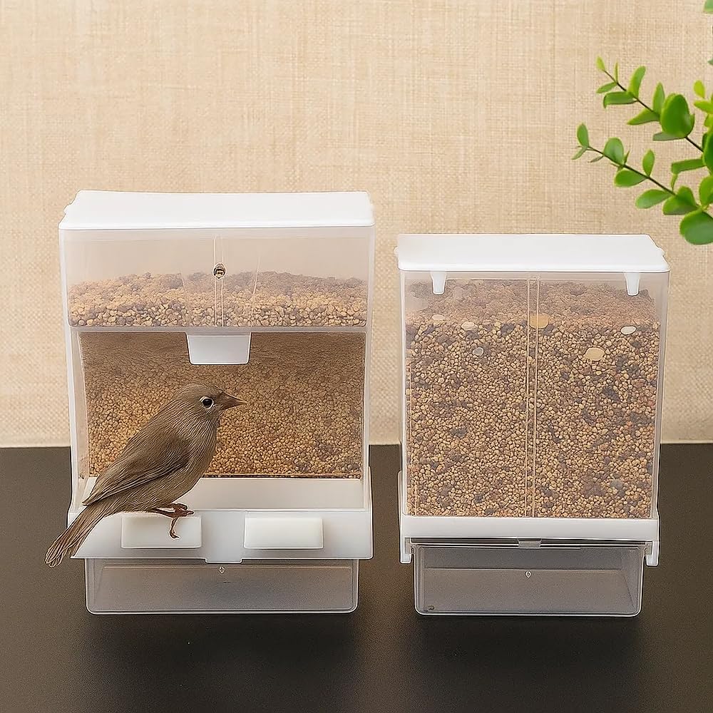 Old Tjikko No Mess Bird Feeder for Cage, Automatic Acrylic Seed Container with Large Hook, Install-Free Parrot Feeder for Budgerigar, Canary, Cockatiel, Parakeet, Finch