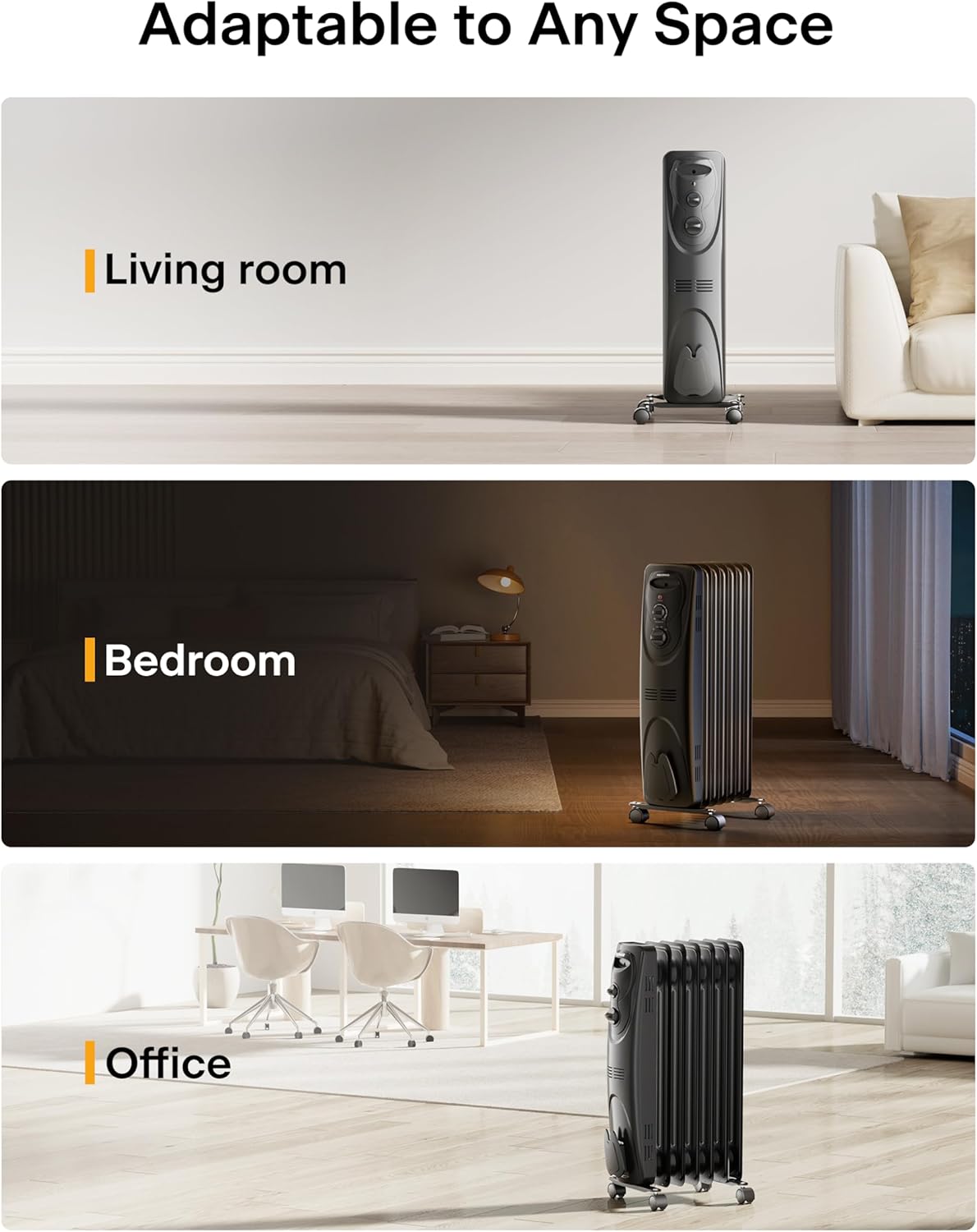 PELONIS Radiator Heater for Large Space, Electric Oil Filled Radiator, Dual Knobs, 1500W, Quiet Space Heater, 3 Modes, Tip-over Protection