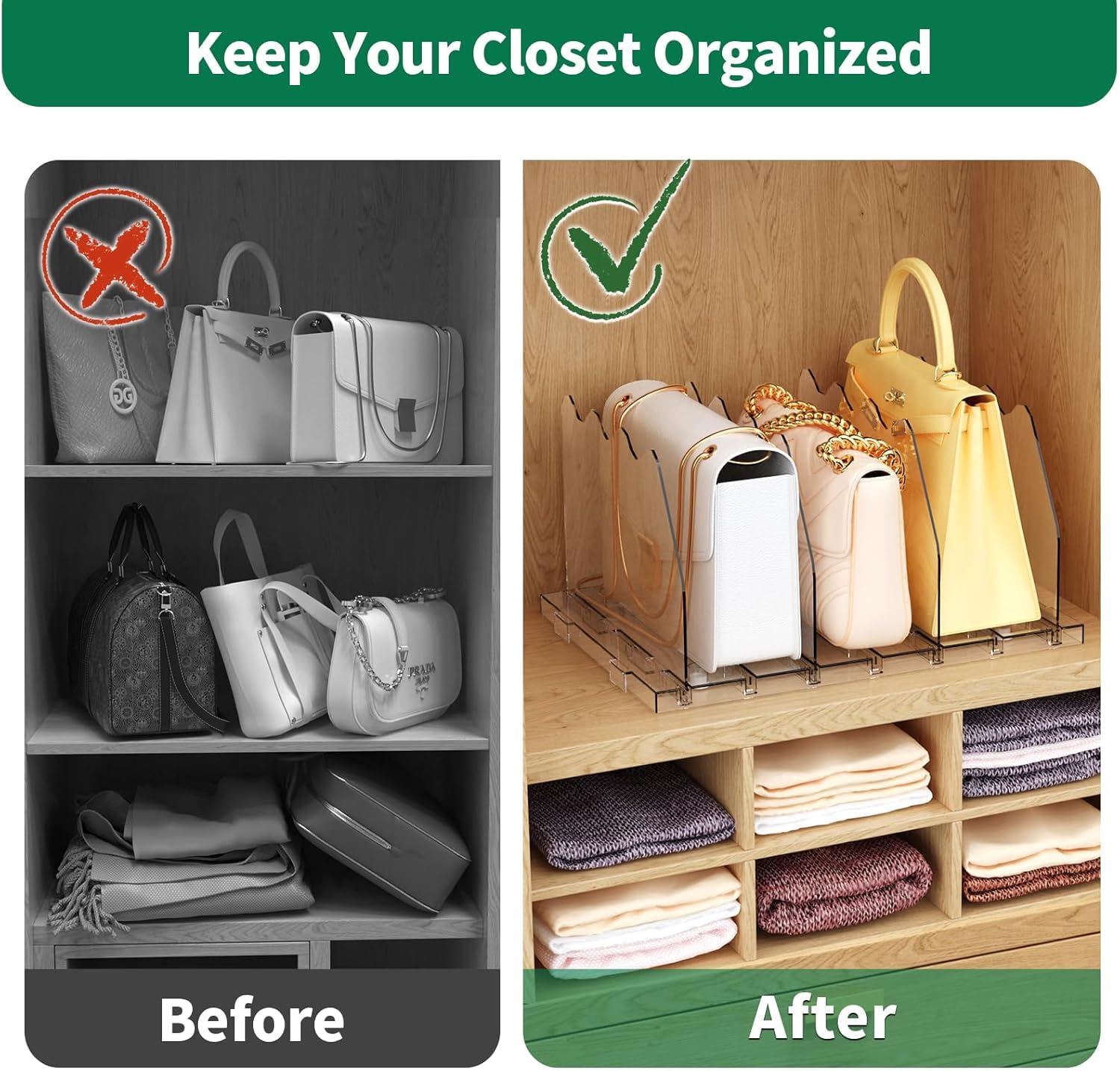 SPACEKEEPER Adjustable Shelf Divider for Closet, Clear Purse Organizer