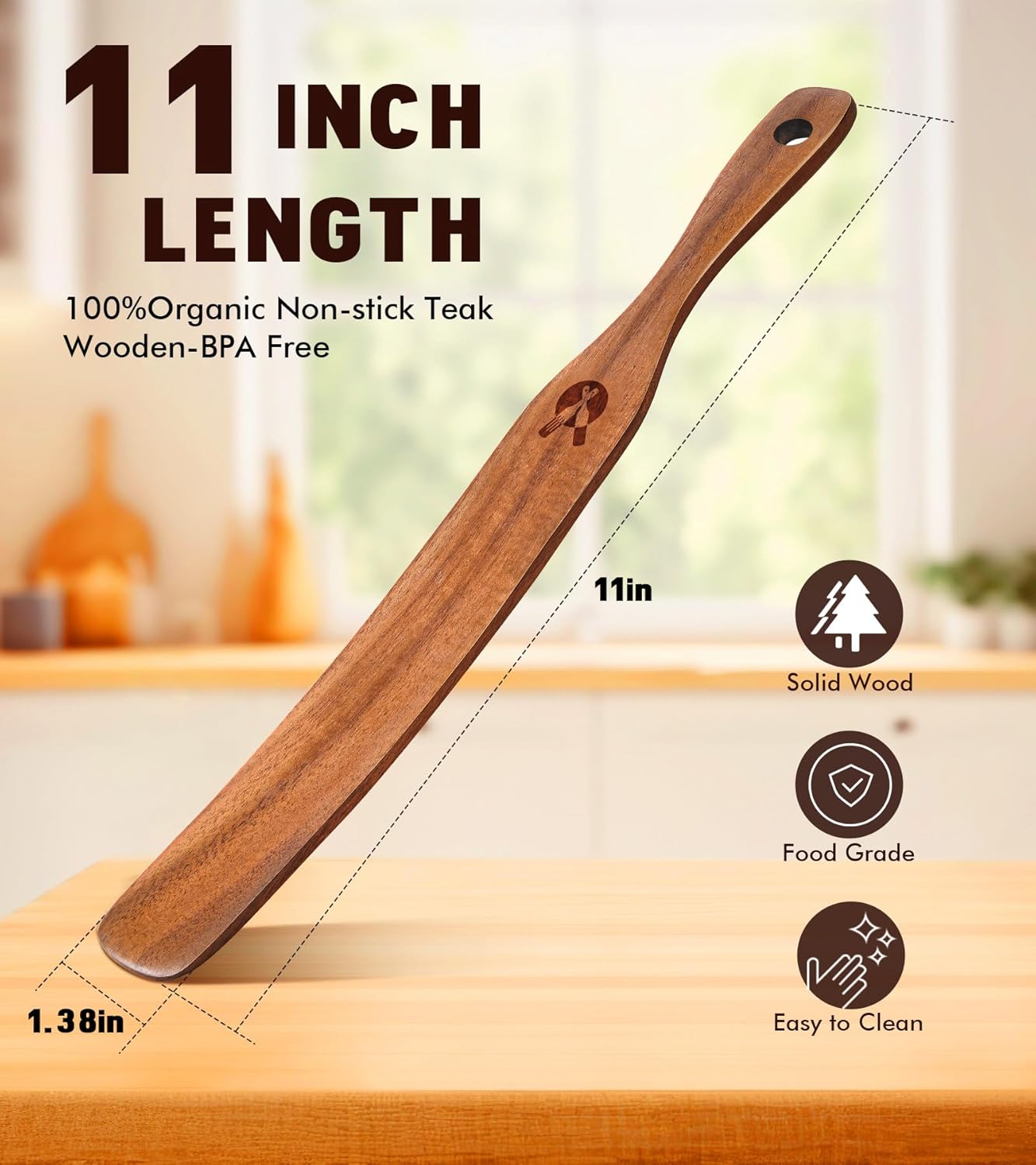 Skinny Spurtle for Sourdough Starter, Mixing, Reaching Bottom of Jar, Dough Whisk, Natural from High Moist Resistance Teak, Spurtles Kitchen Tools Wooden Kitchen Utensils for NonStick Cookware