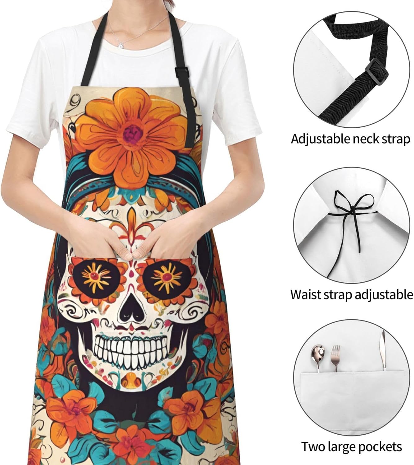 YANYU Floral Skull Print 28x33 In Kitchen Apron Stylish Chef Apron wit
