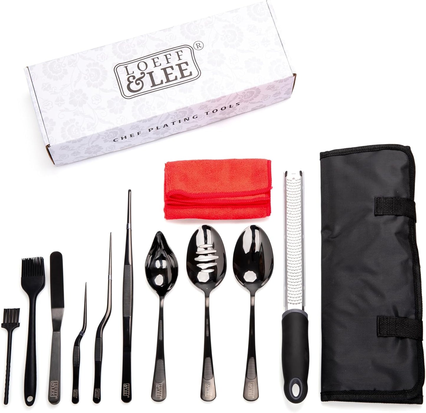 7 Pc Black Plating Tools Culinary Set (Professional Chef Utensils)| Chef Kit with 3 Plating Spoons, 3 Chef Plating Tweezers, Offset Spatula. Bundled with Zester Tool Set and Silicon Basting Brush