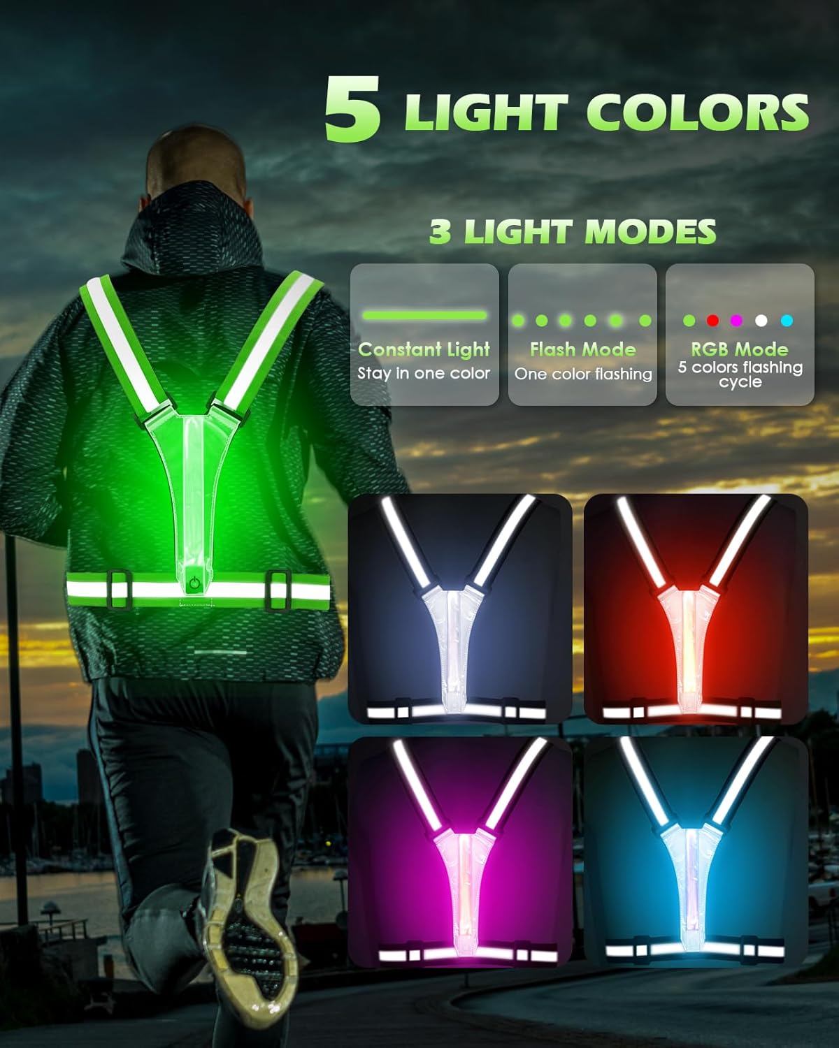 Zacro LED Reflective Vest Running Gear, 5 Lights Colors High Visibilit