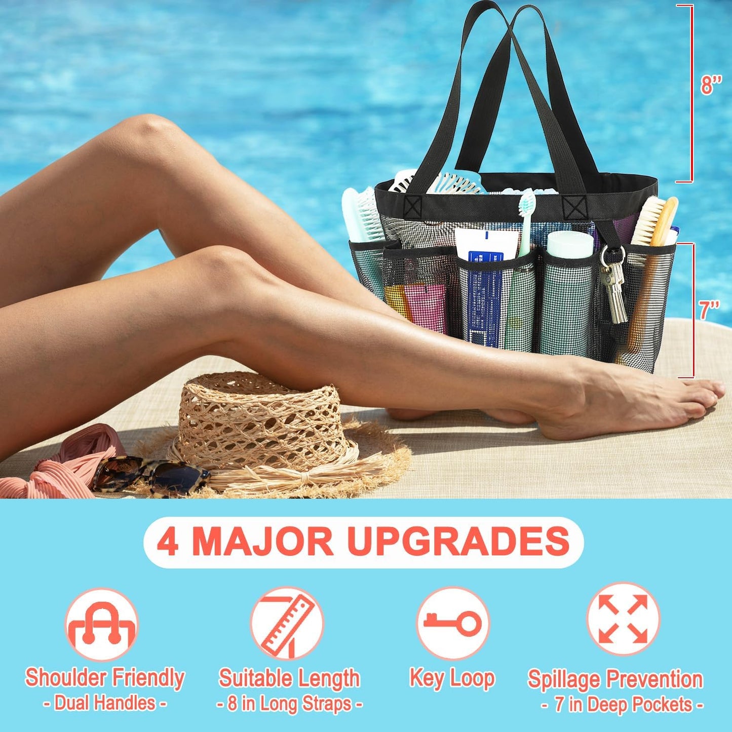Mesh Shower Caddy Portable for College Dorm Room Essentials, 8-Pocket Large Shower Basket Tote Bag with 2 Handles for Toiletry, Bathroom, Beach, Camp, Gym | Portable, Quick-Dry, 2 Handles