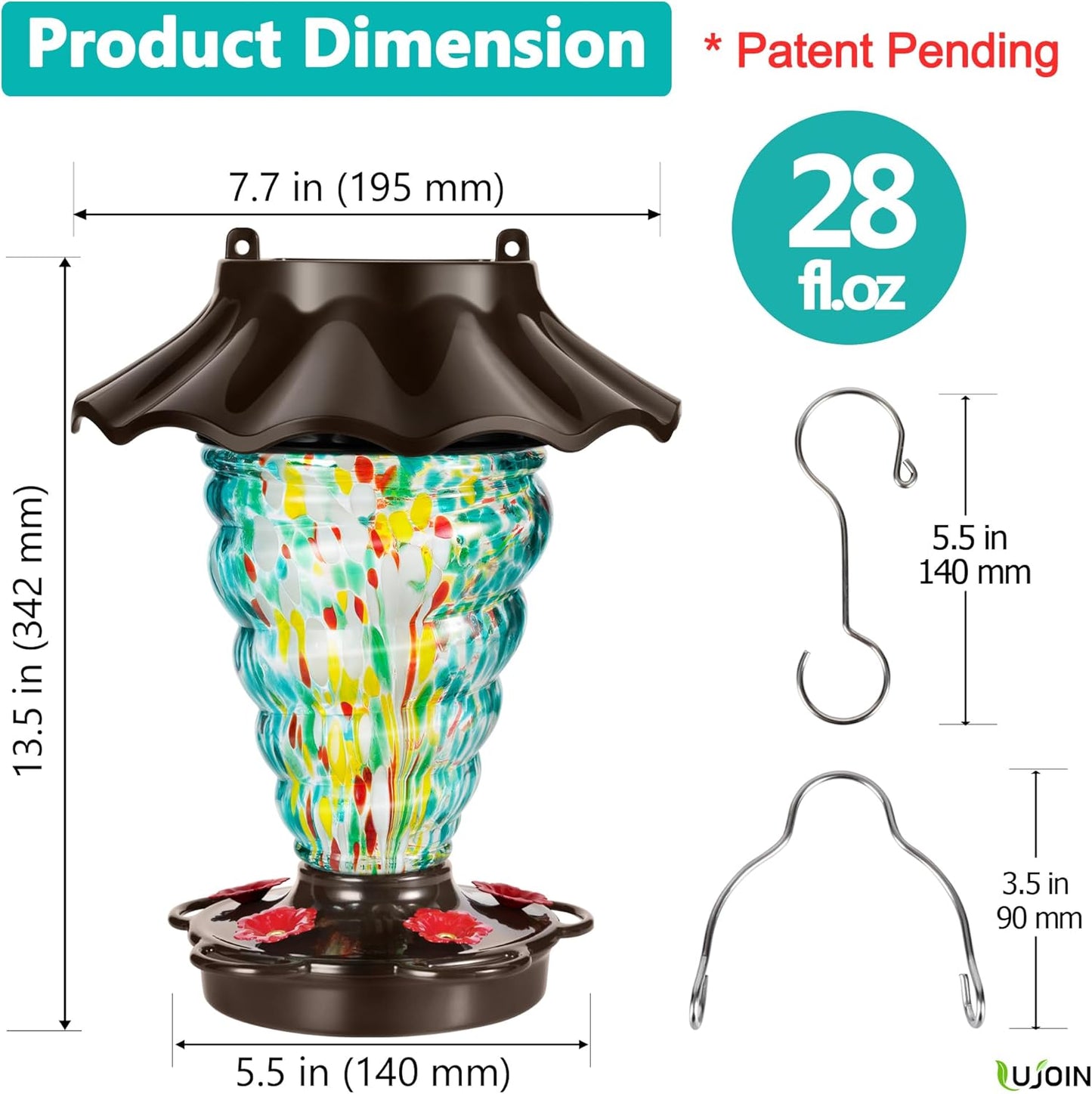 Solar Hummingbird Feeder for Outdoors Hanging, Lighted Lantern with RGB Lights, Hand Blown Glass, 28 fl.oz, Leak Proof & Rustproof, Metal Cover with 5 Feeding Ports, Spiral Shaped, Teal
