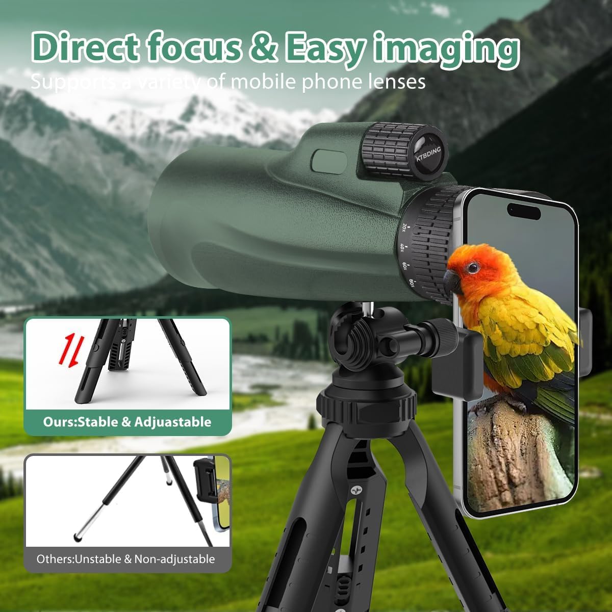Monocular Telescope 80 x 100 High Powered Monoculars for Adults with Tripod, Monocular for Smartphone Suitable for Bird Watching Larger Vision Monoculars for Adults with BAK4 Prism & FMC Lens Green