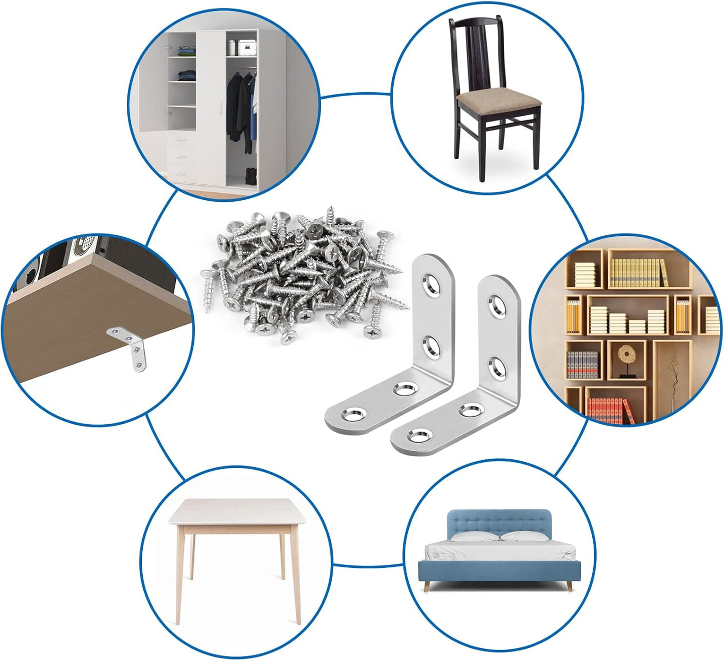 16 Pcs L Bracket Stainless Steel Corner Brace Sets, 90 Degree Right Angle Brackets with 64 Pcs Screws, L Bracket Firmware for Wooden Shelves, Chairs, Tables, Dressers, Furniture (Silver)