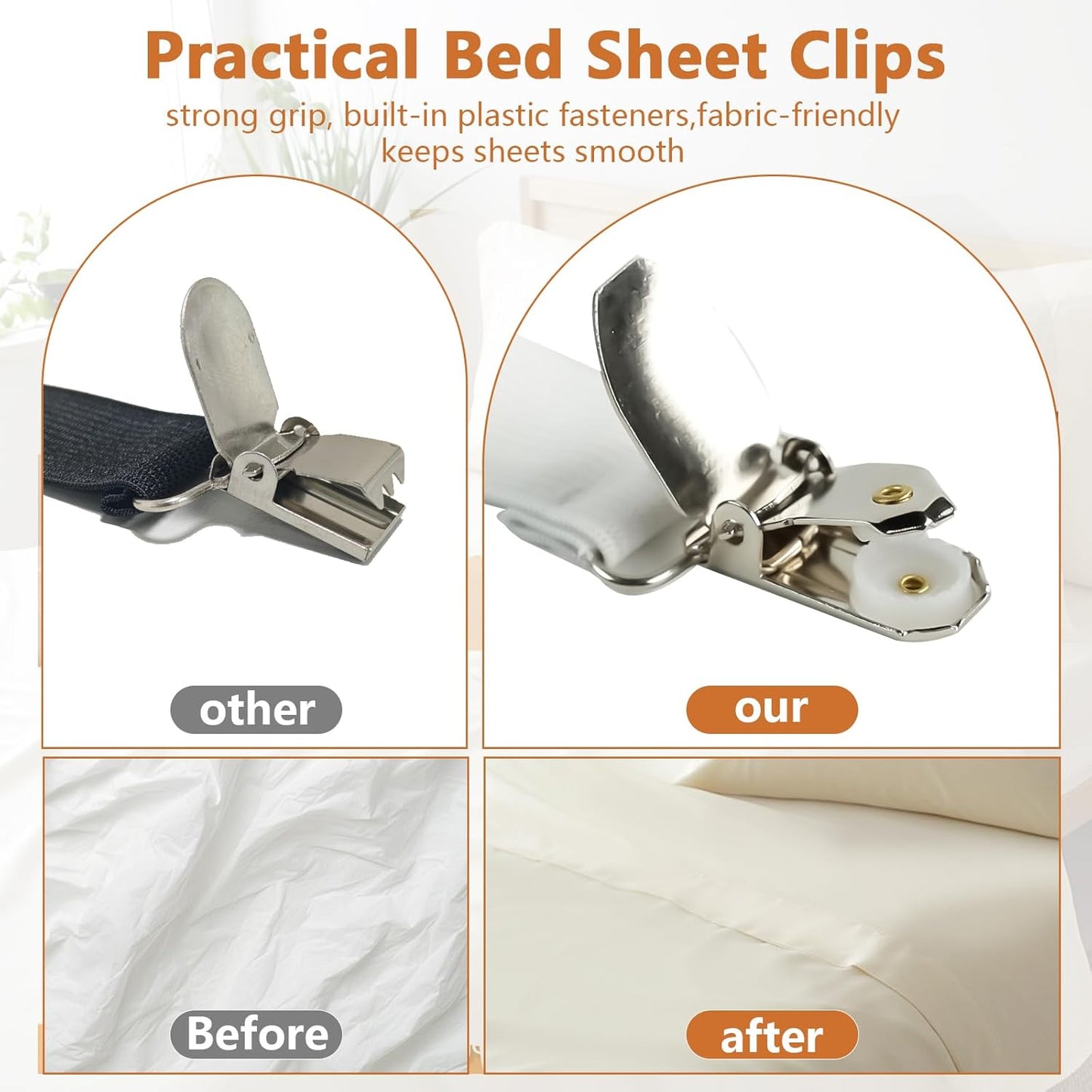 4PCS Bed Sheet Straps with Metal Clips, Adjustable Elastic Fitted Sheet Holders for Corners, Keep Bedding Wrinkle-Free, Easy to Install Durable Fasteners, Mattresses (White)