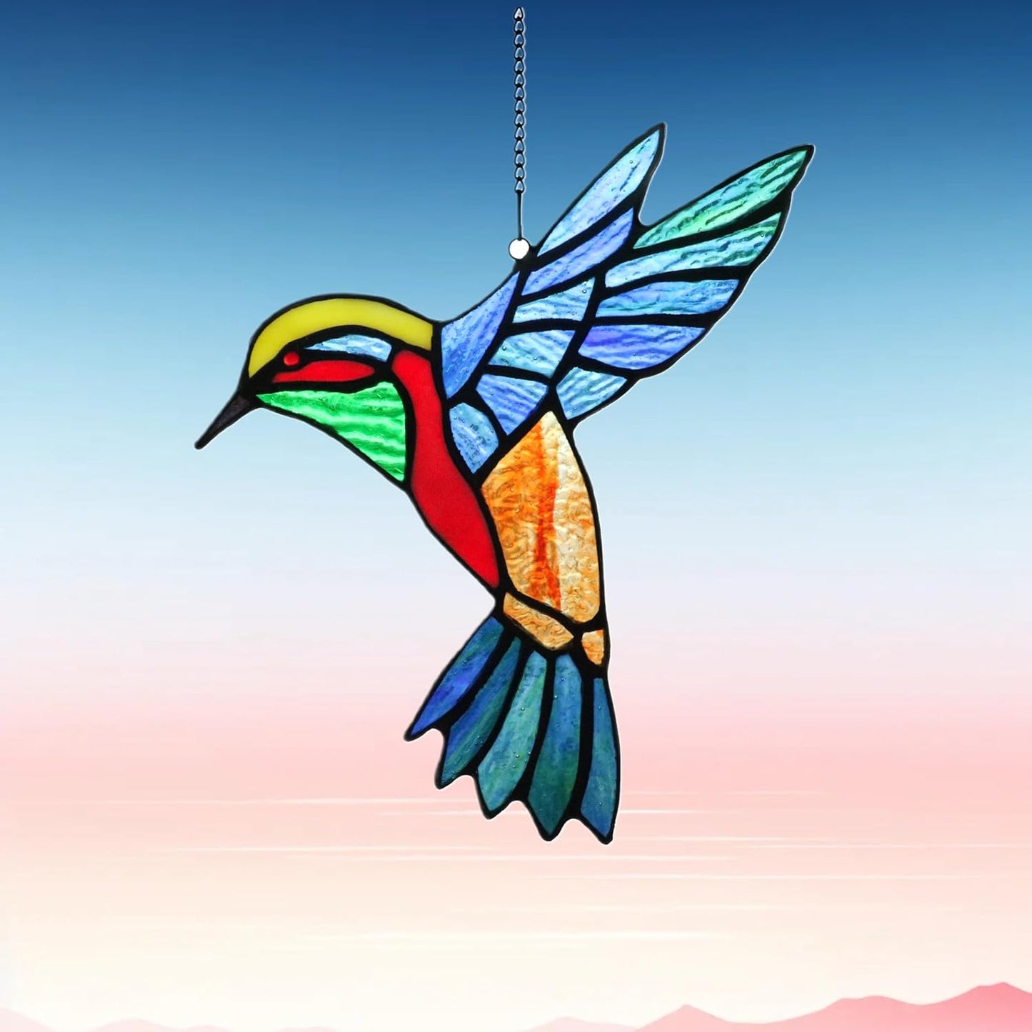 Birds Stained Glass Window Hangings, Handmade Hummingbird Gifts Suncatcher for Window Decor,Sun Catcher Bird Decoration Gifts for Mom,Bird Lovers (Blue-Winged)