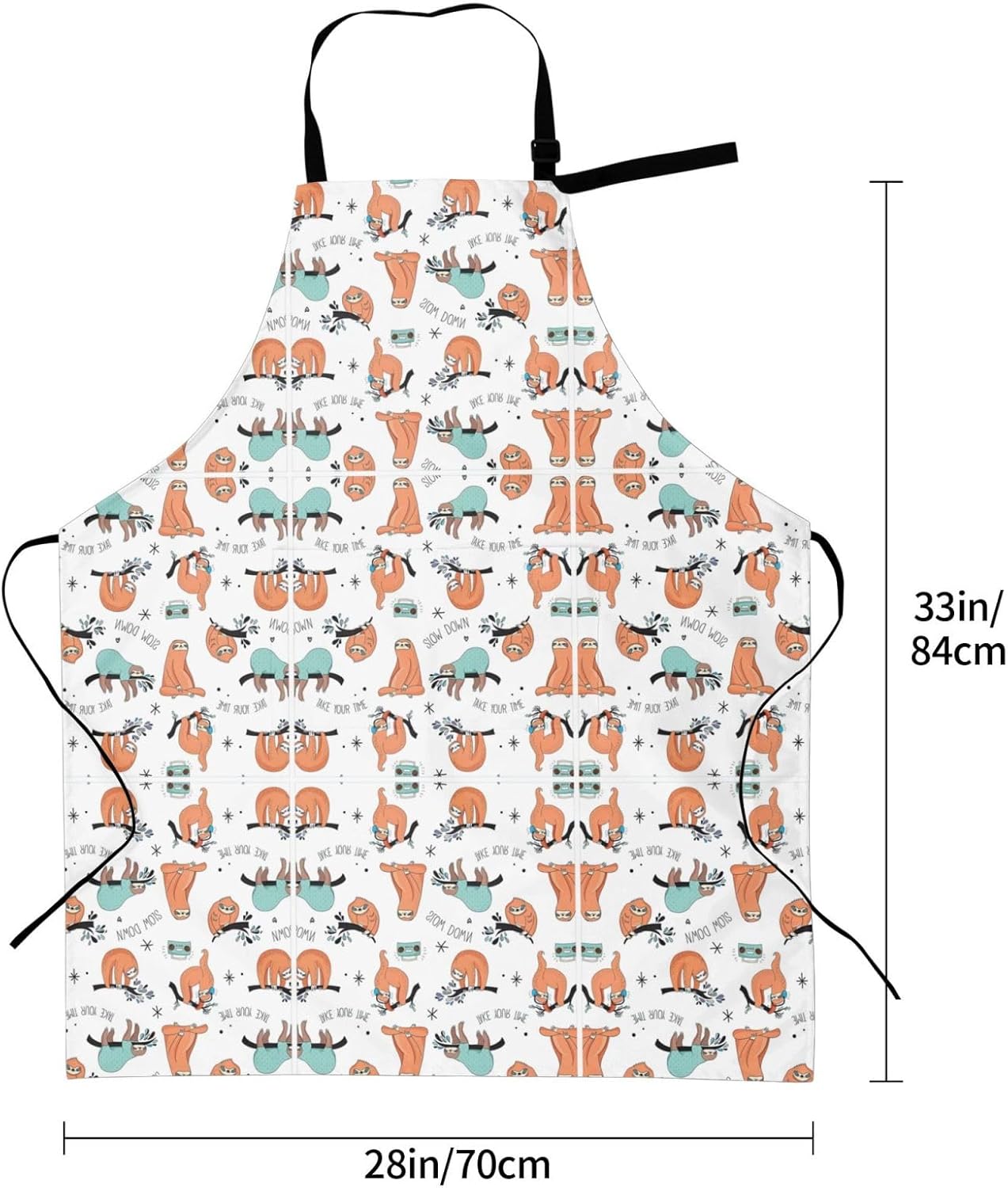 funny Cute Animal Sloth Music Print 28x33 In Adult Kitchen Apron with Pockets Versatile Chef Smock for Cooking Baking