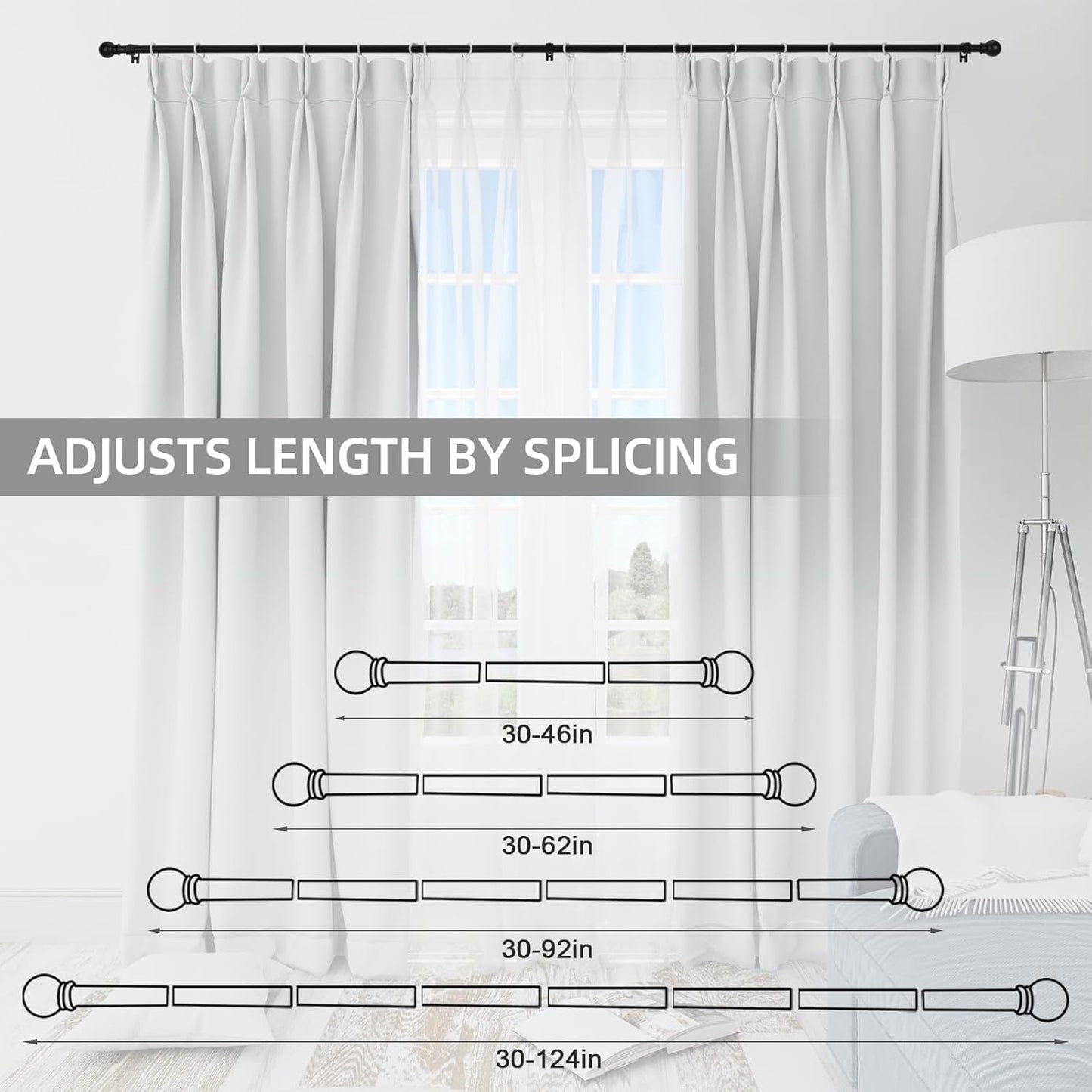 Curtain Rods for Windows 48 to 84-92 inch, 5/8" Matte Black Curtain Rod, Stainless Steel Small Curtain Rods for Bedroom, Living Room,Kitchen,Farmhouse, Outdoor Curtain rod Black