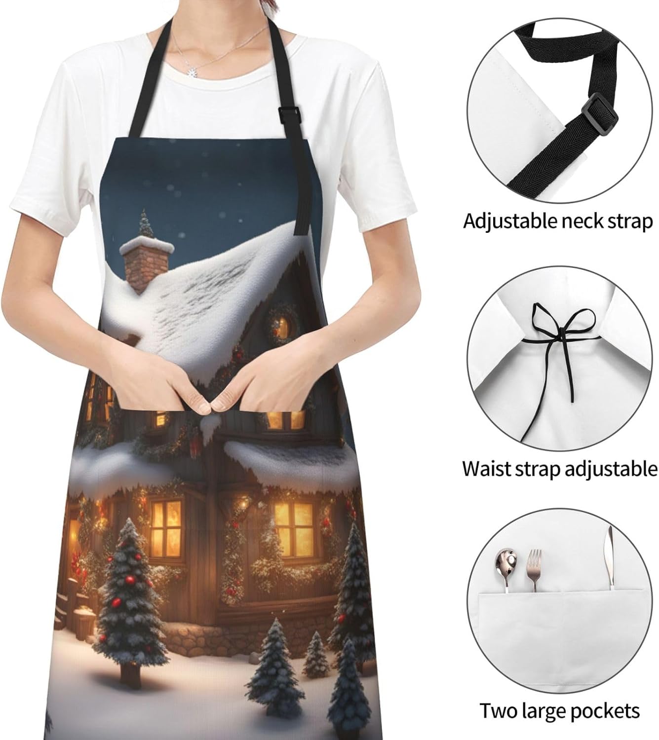 Christmas Village House 3 print Waterproof chef's apron with pocket apron for kitchen cooking baking barbecue and gardening