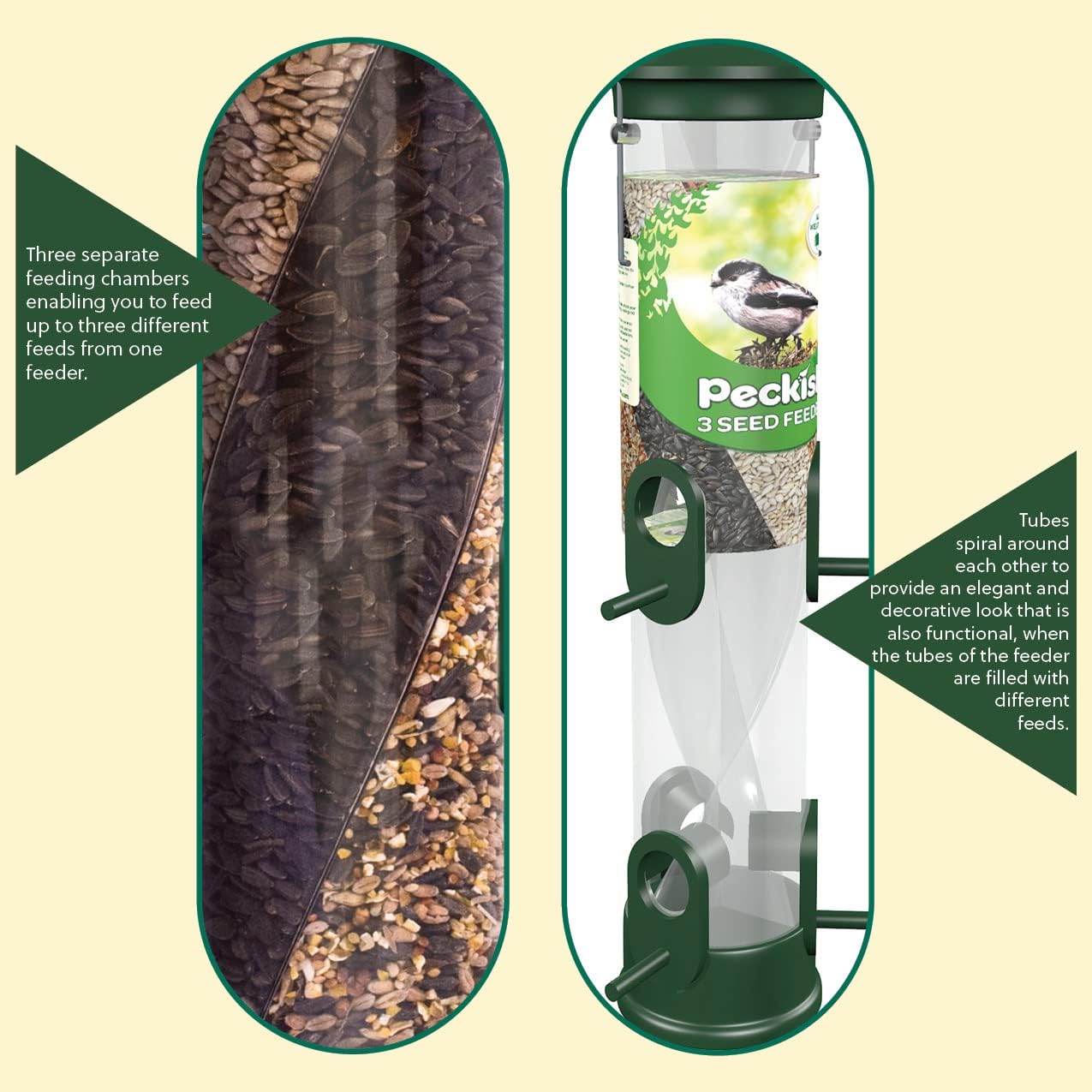 Gardman Peckish All Weather 3 Seed Twist Feeder, Green, 18.75" H (60053042)