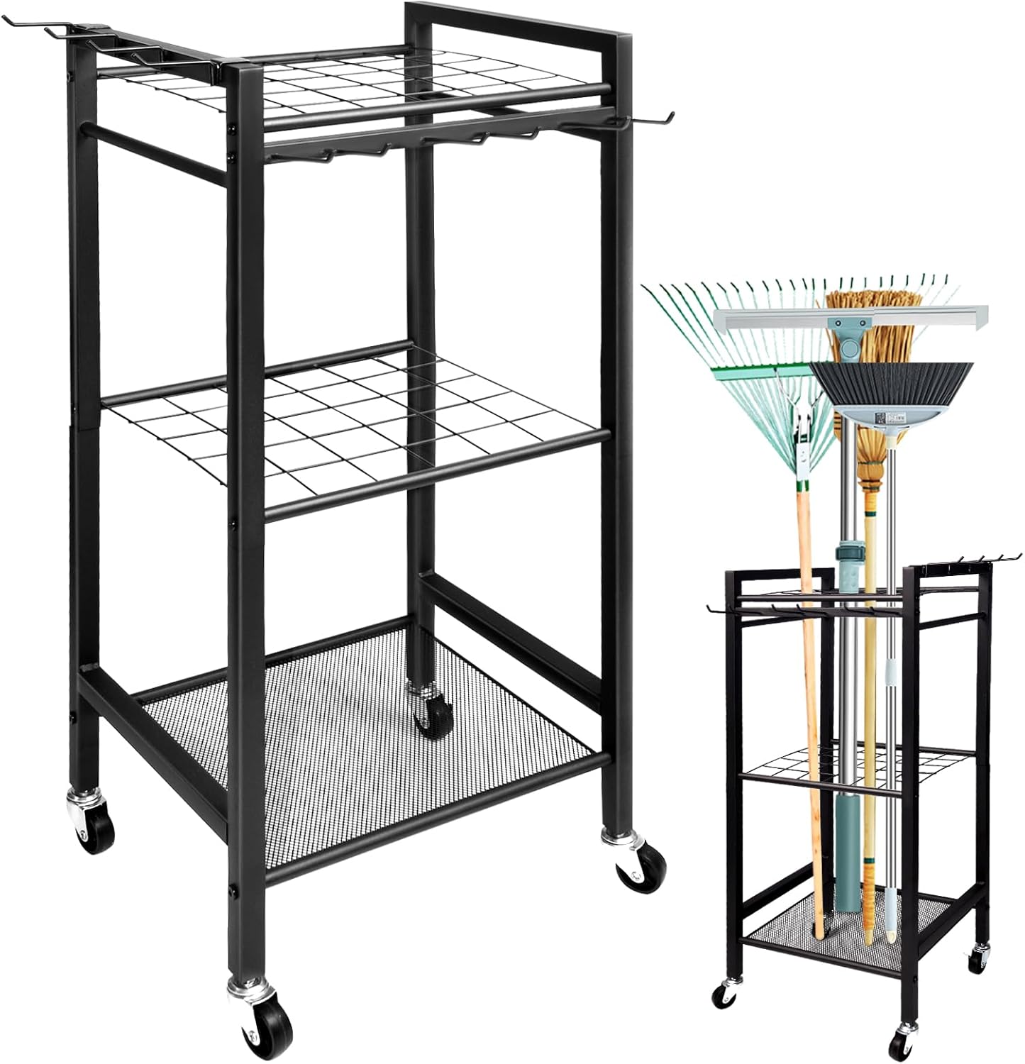 Garden Tool Organizer- 3 Tier Garage Storage and Organization, Holds Up to 35 Long-Handled Tools, Heavy-Duty Metal Holder with 6 Adjustable Hooks, Black