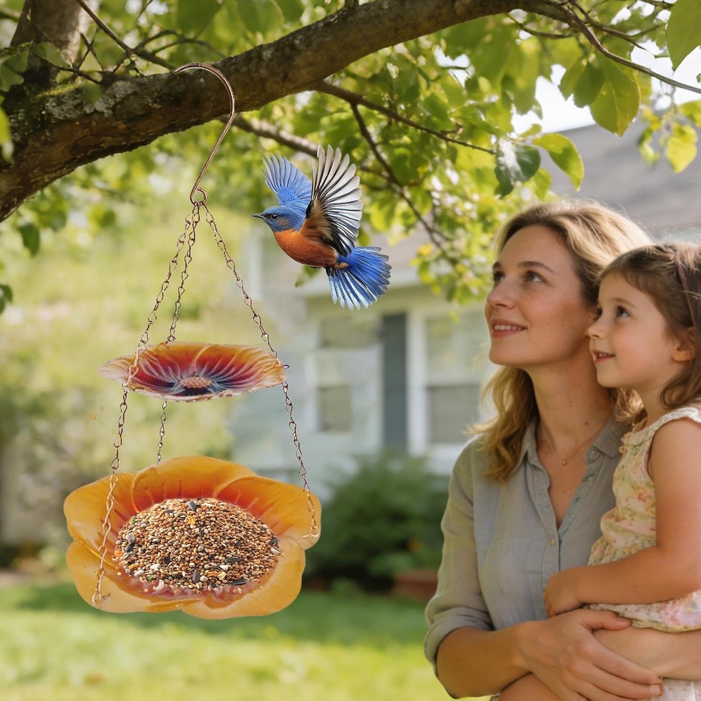 Wild Bird Feeders, Weatherproof Flower Shaped Tray, Metal Double Layer Bird Feeder for Outdoors, Powder Coated Material with Drainage Holes, Pet Feeding Accessory with Stable Base, Home Garden Aviary