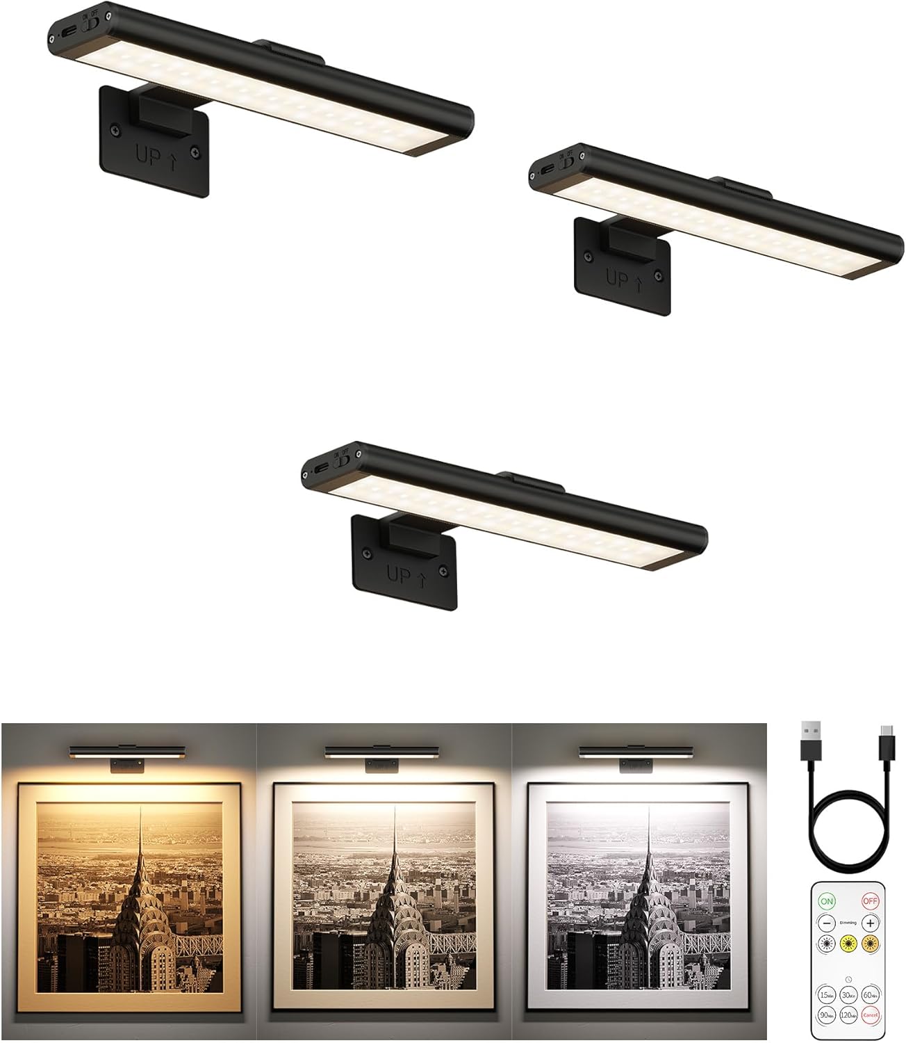 EZVALO Picture Light for Wall, Rechargeable 2400mAh Battery Lights Wireless Remote, 3 Color & Dimmable Magnetic 7.8'' LED Lights Display for Painting, Living Room, Gallery, Bedroom(Black-3P)