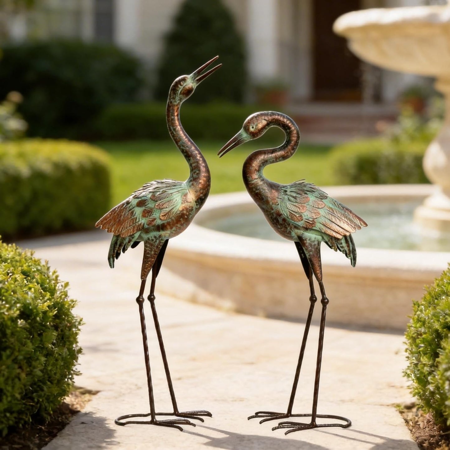 Shorayn Garden Crane Statues, Blue Heron Sculptures for Outdoor, Cranes Decor Metal Bird, Patina Garden Art Lawn Ornaments for Yard Patio Porch Outside Decorations