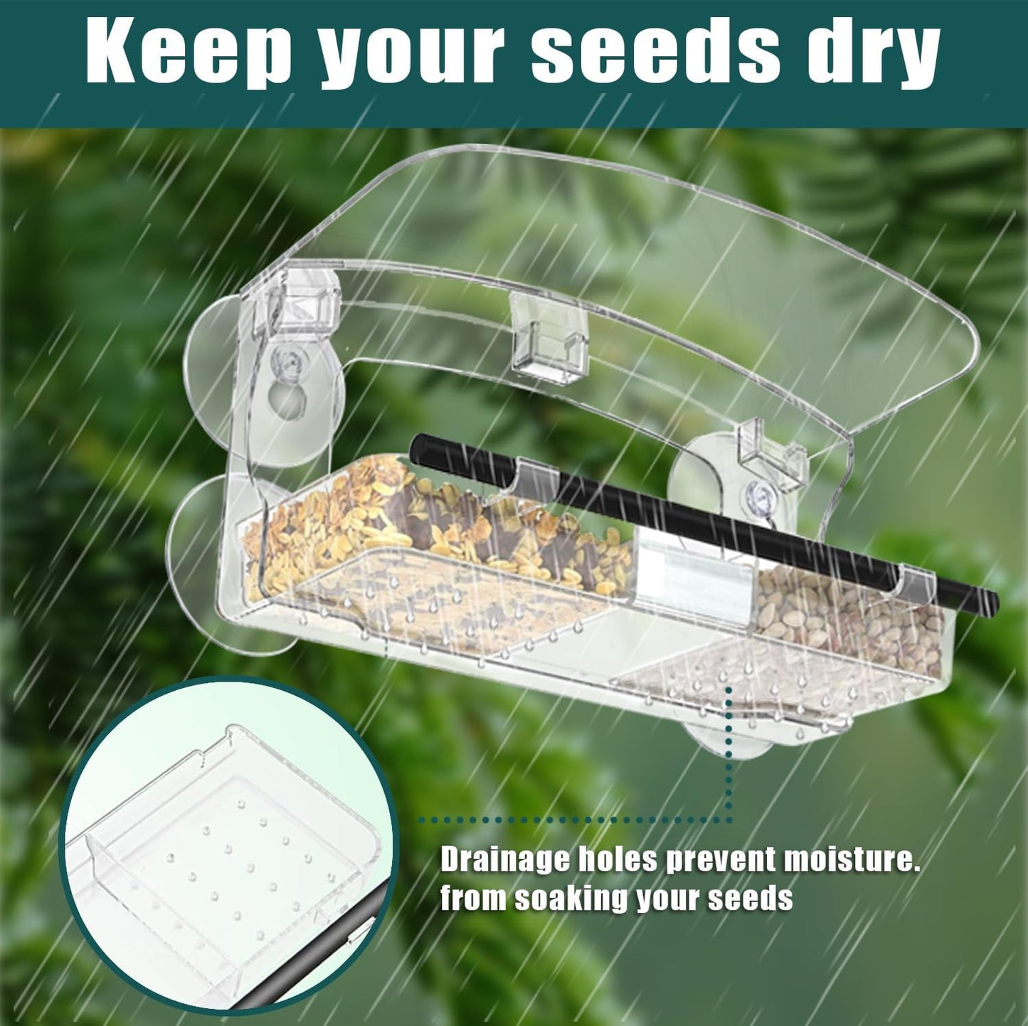 Window Bird Feeder 2 Pack with Strong Suction Cups, Clear for Viewing, Bird Feeders for Outdoors with Drain Holes