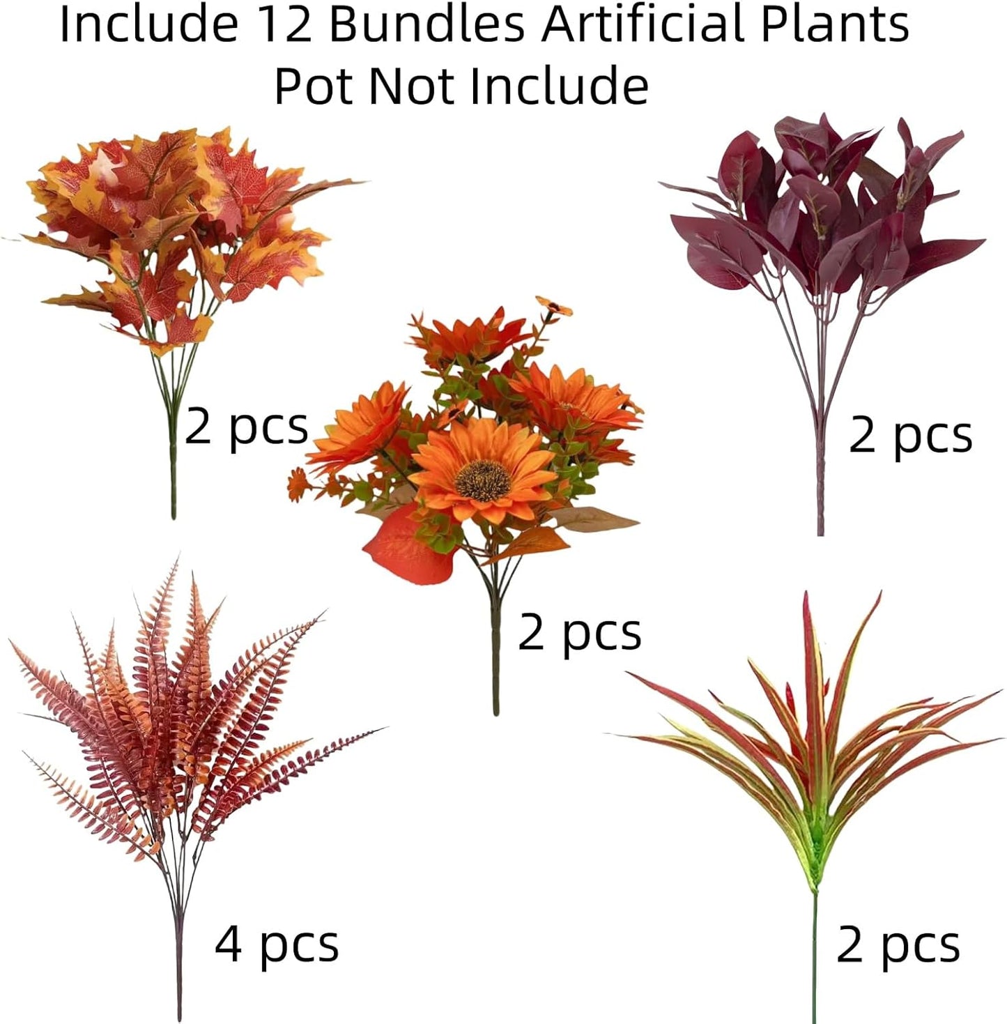 Artificial Sunflowers Flowers Faux Plants Greenery for Fall Thanksgiving Outdoor, 12 Bundles Fake Silk Bushes Foliage Look Real UV Resistant for Outside Planters Porch Pot Decor
