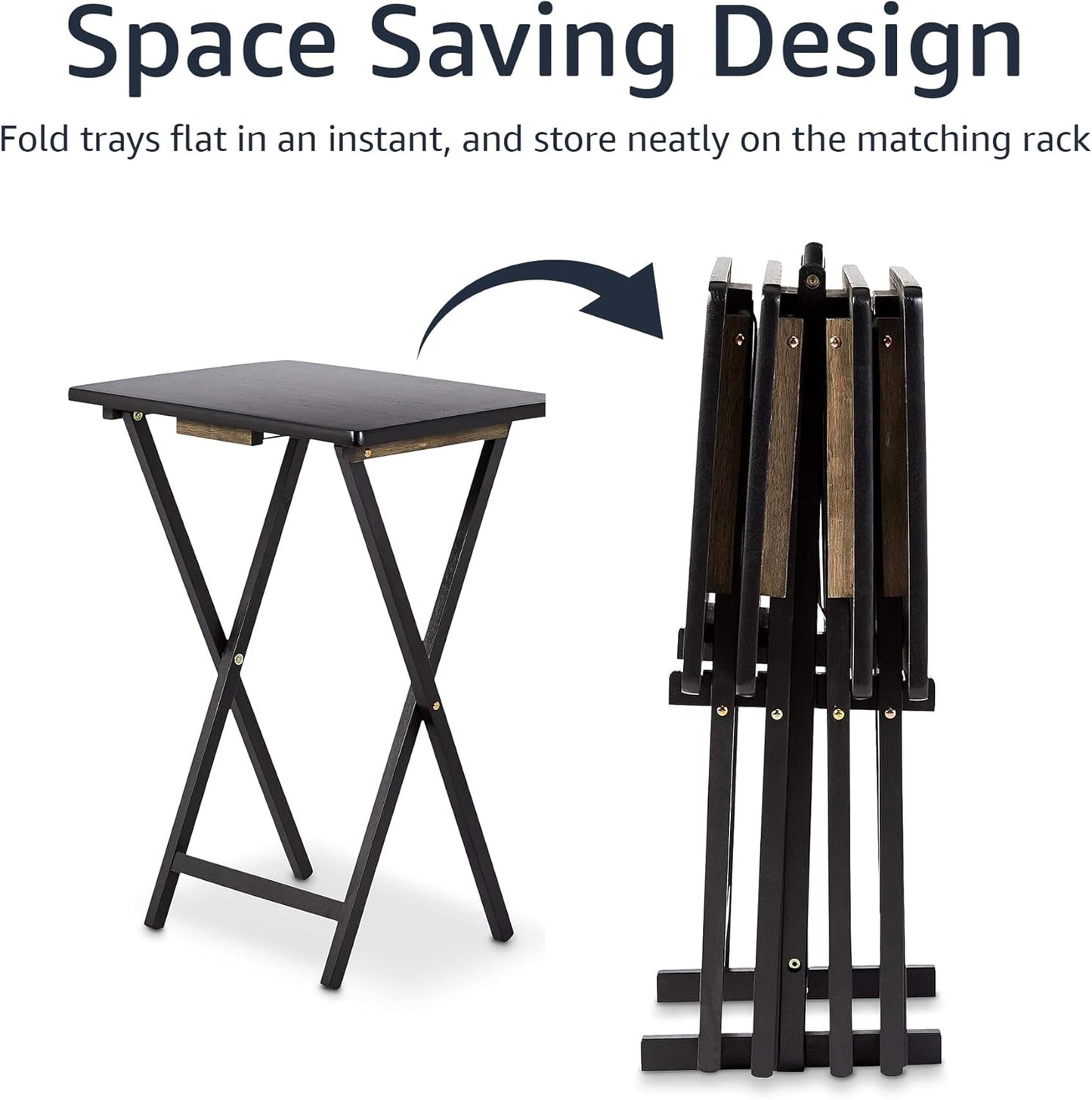 Amazon Basics Portable Foldable TV Tray Table with Storage Rack, Space-Saving Design, 15" x 19" x 26", Black, 4-Pack