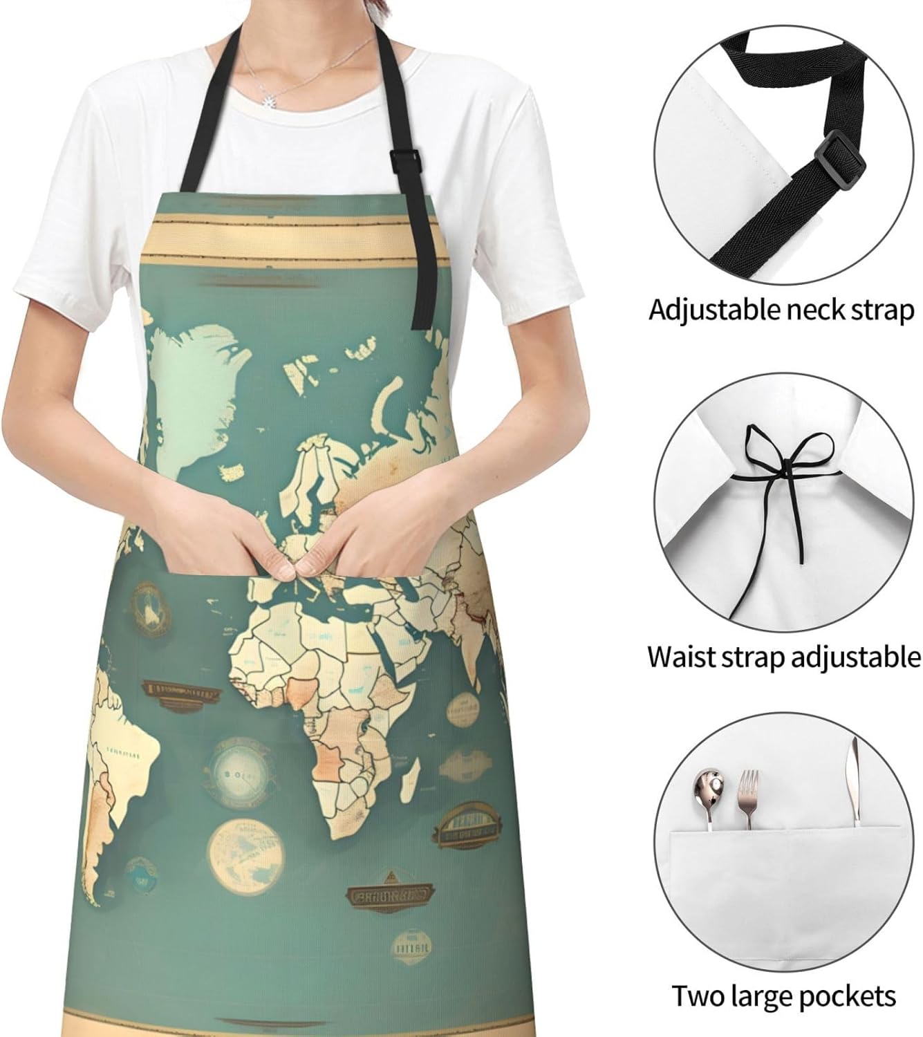 World Map Retro Print 28x33 In Adult Kitchen Apron with Pockets Versatile Chef Smock for Cooking Baking