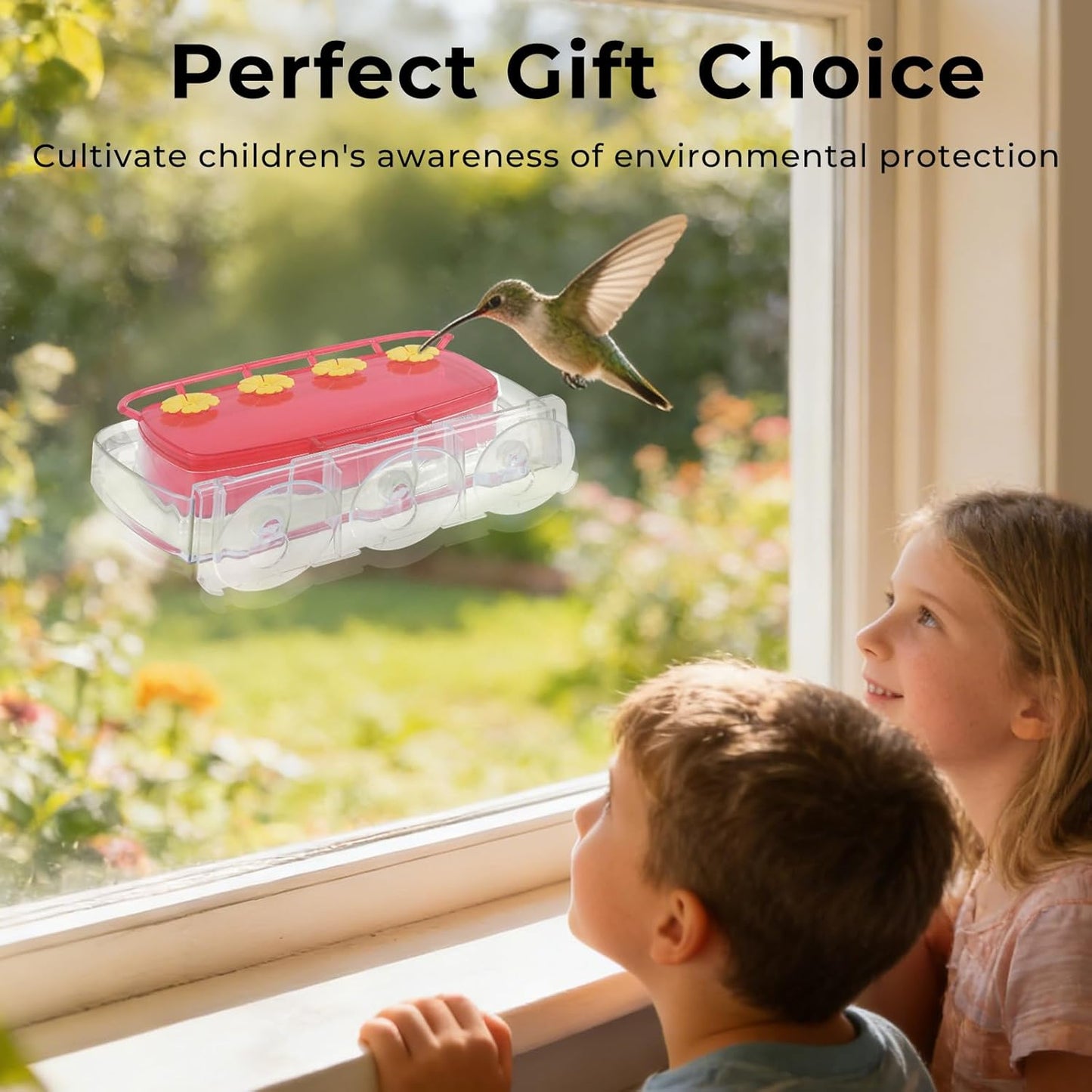 2 Pack Window Hummingbird Feeder,Strong Suction Cup Hummingbird Feeder with 4 Feeding Ports,Built-in Moat,Easy to Clean and Refill Plastic Humming Bird Feeder,Gift for Bird Lovers(10oz, 2 Red)