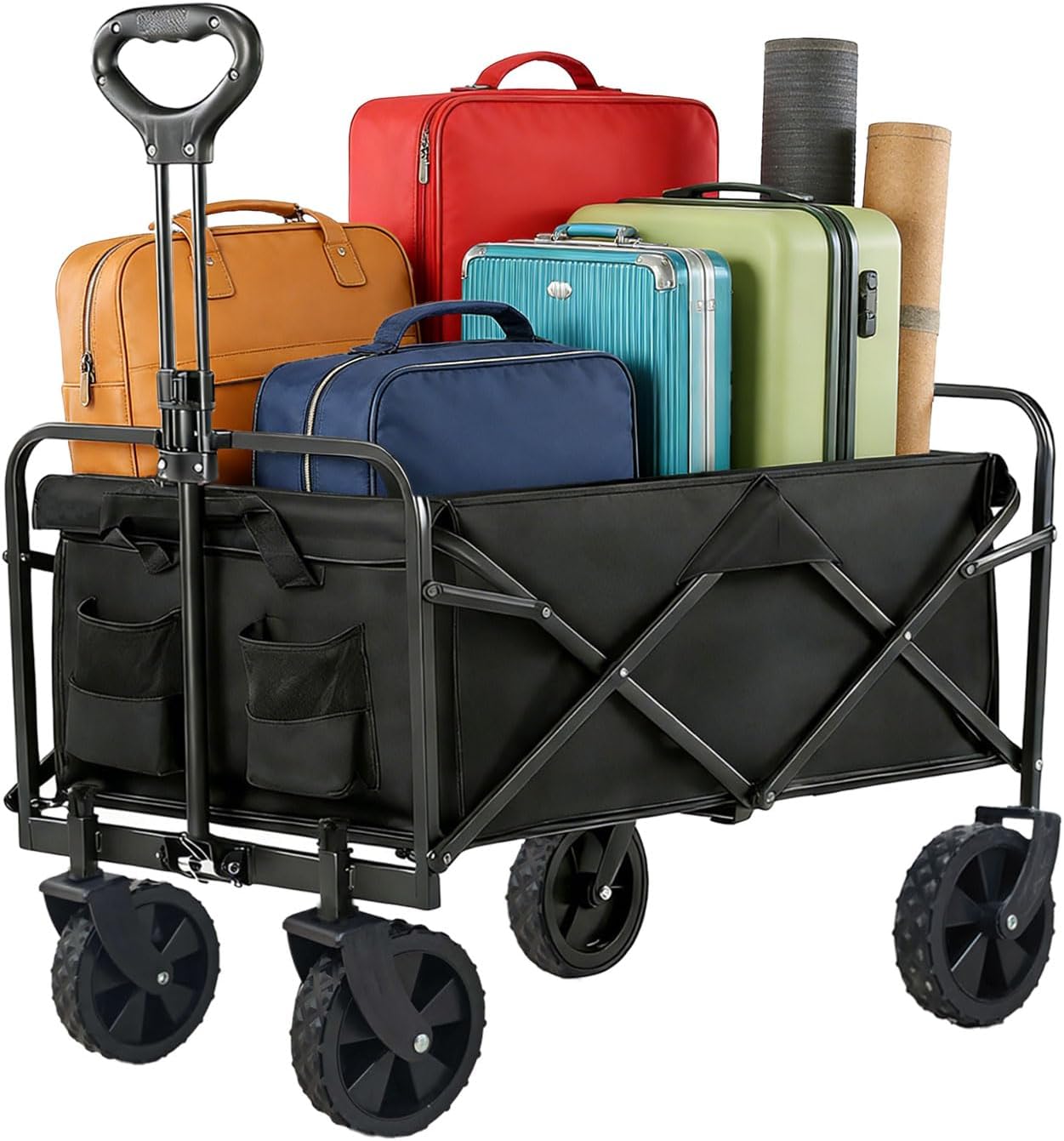 Collapsible Wagon Cart,Large Capacity Foldable Wagon,Cup Holders,with 360° Swivel Wheels, for Camping, Garden, Shopping, Beach