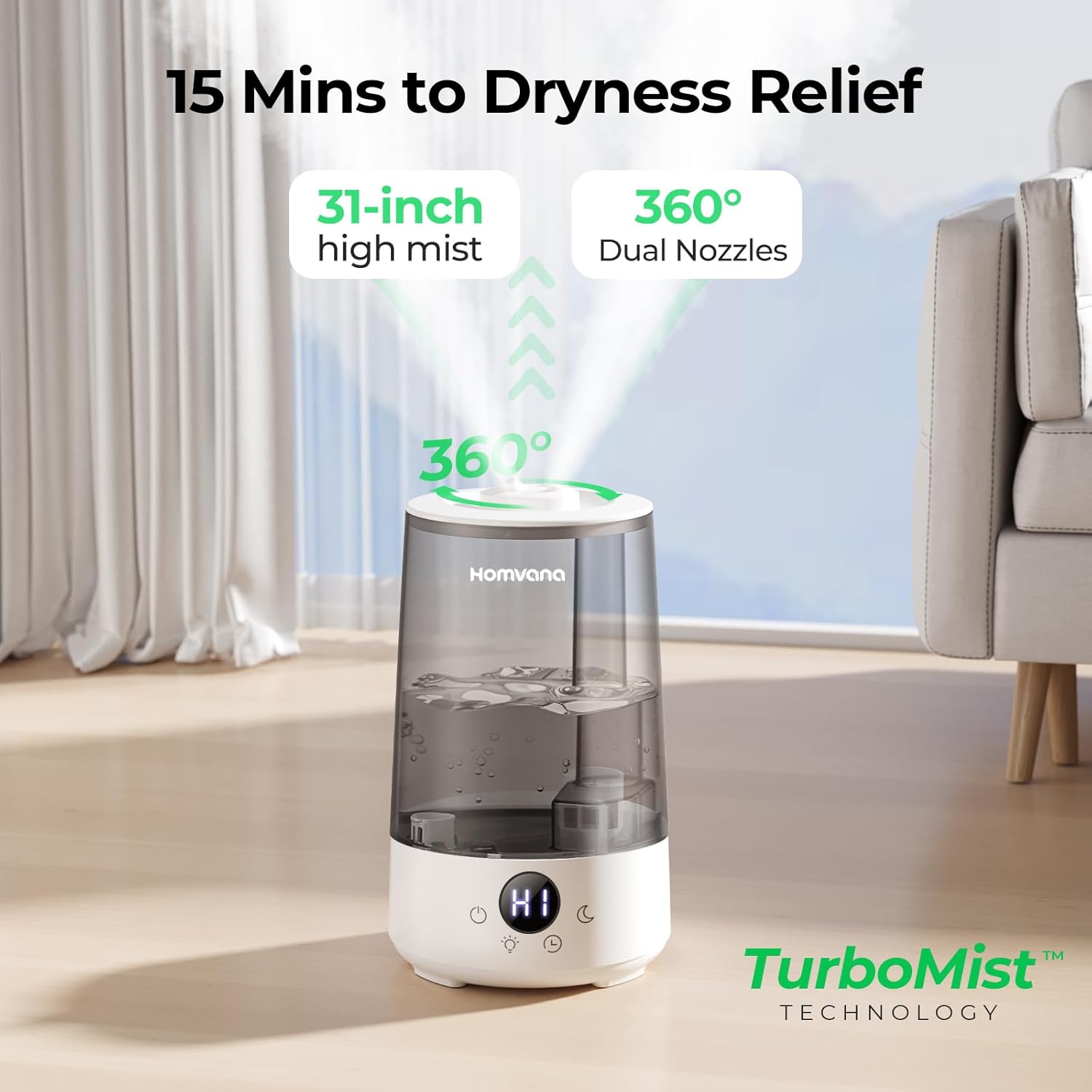Homvana Humidifiers for Bedroom Home, 3.6 L Cool Mist Top-Fill 34H Sup