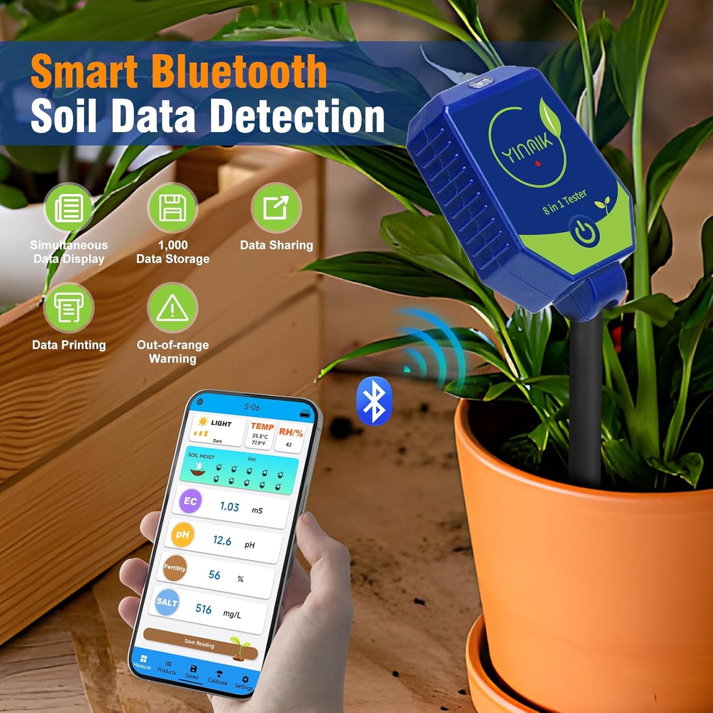 YINMIK Soil Test Kits, pH Moisture Meter for Plant, Smart Soil pH Tester, Digital Soil pH Meter, 8 in 1 Soil Meter - pH Moisture EC Fertility Salt Light Air Humidity Temp Meter for Outdoor, Garden