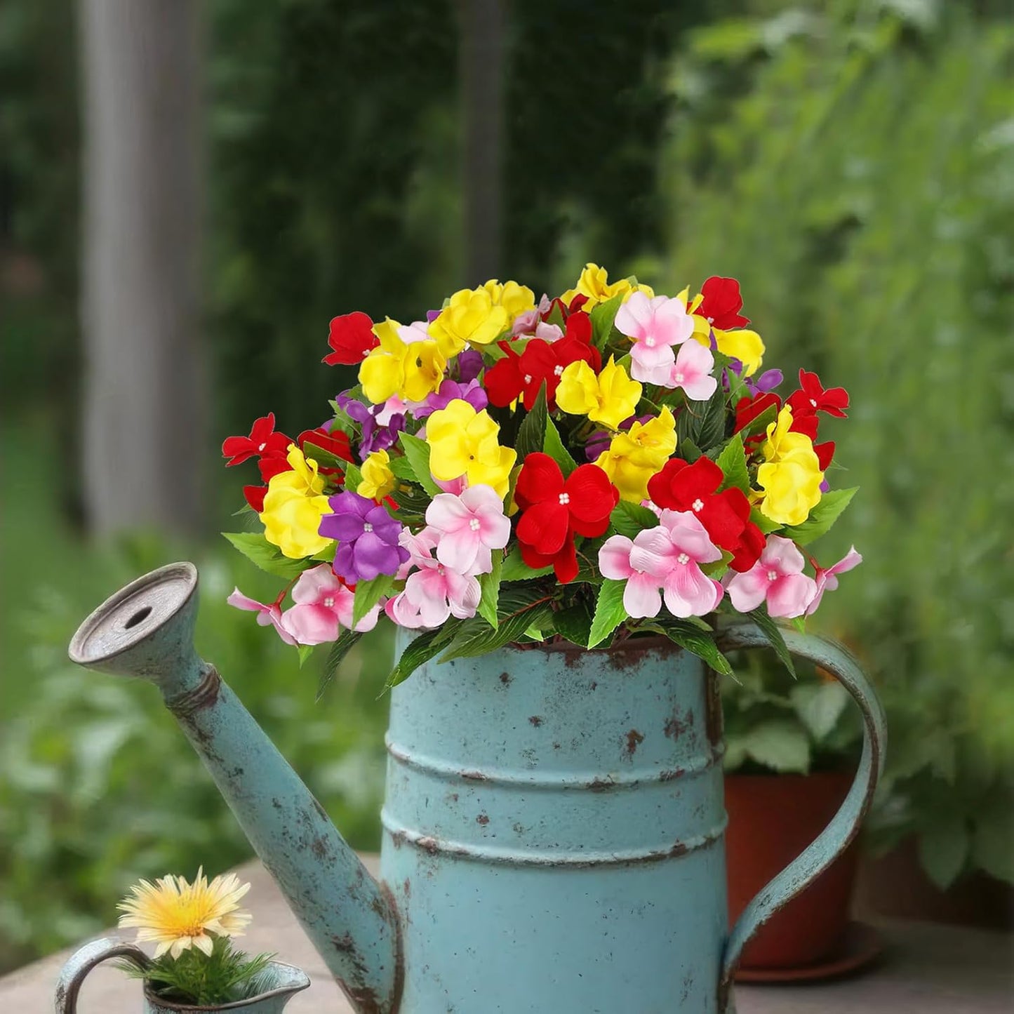 4 Pcs Artificial Flowers for Outdoors Impatiens UV Resistant Silk Flowers Hibiscus Faux Impatiens Flowers for Outdoor Planters Pot Patio Garden Hanging Basket Porch Table Indoor Decor