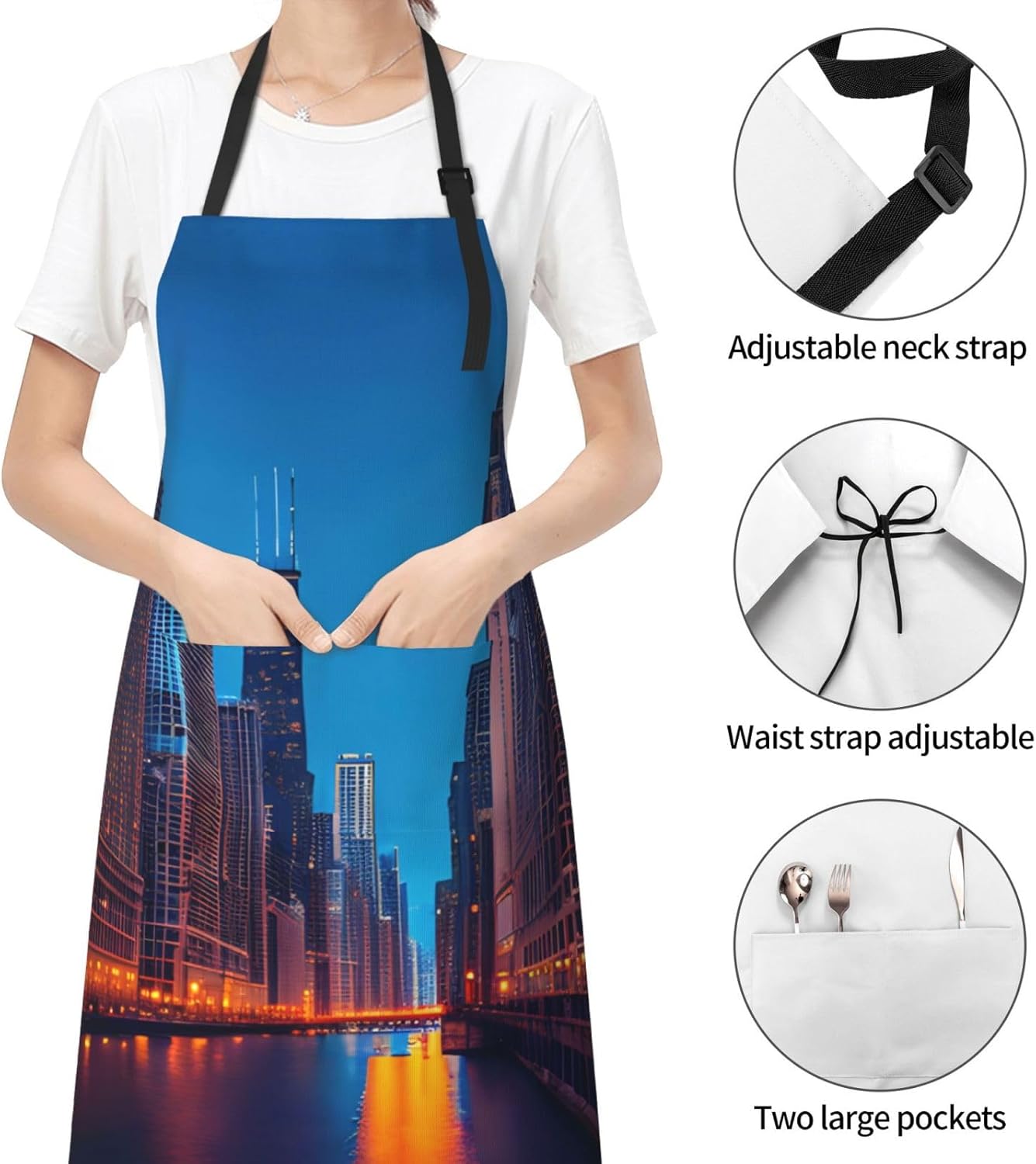 Chicago Night Print Laundry apron 28x33 In Waterproof Kitchen Apron with Pockets for Cooking Baking