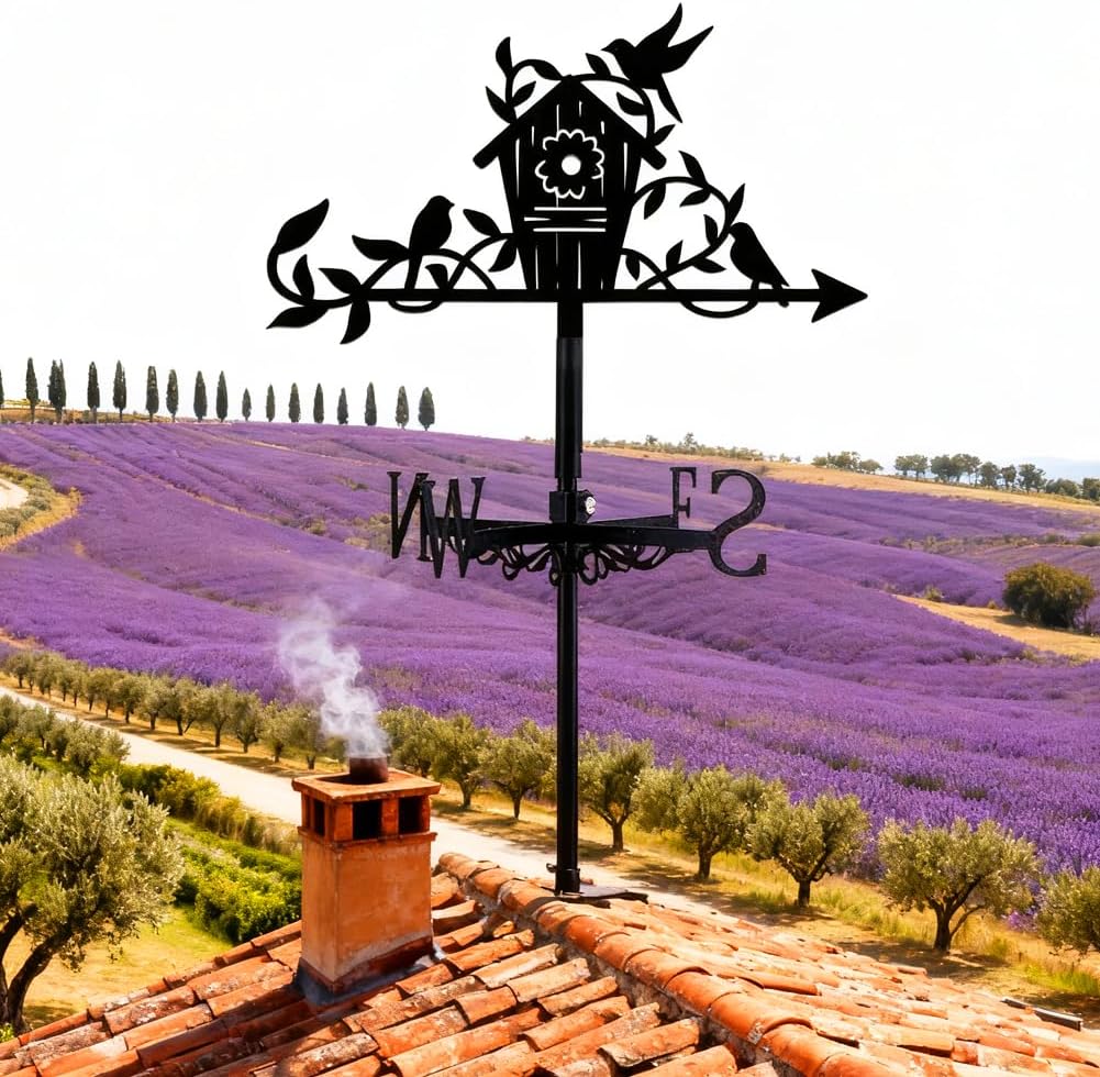 Birdhouse Weather Vane, Black Metal Weathervane Roof Mount, Wind Direction Indicators Wind Measuring Tool Outdoor, Wind Vane Ornament Decoration for Shed Yard Farmhouse Patio Decor