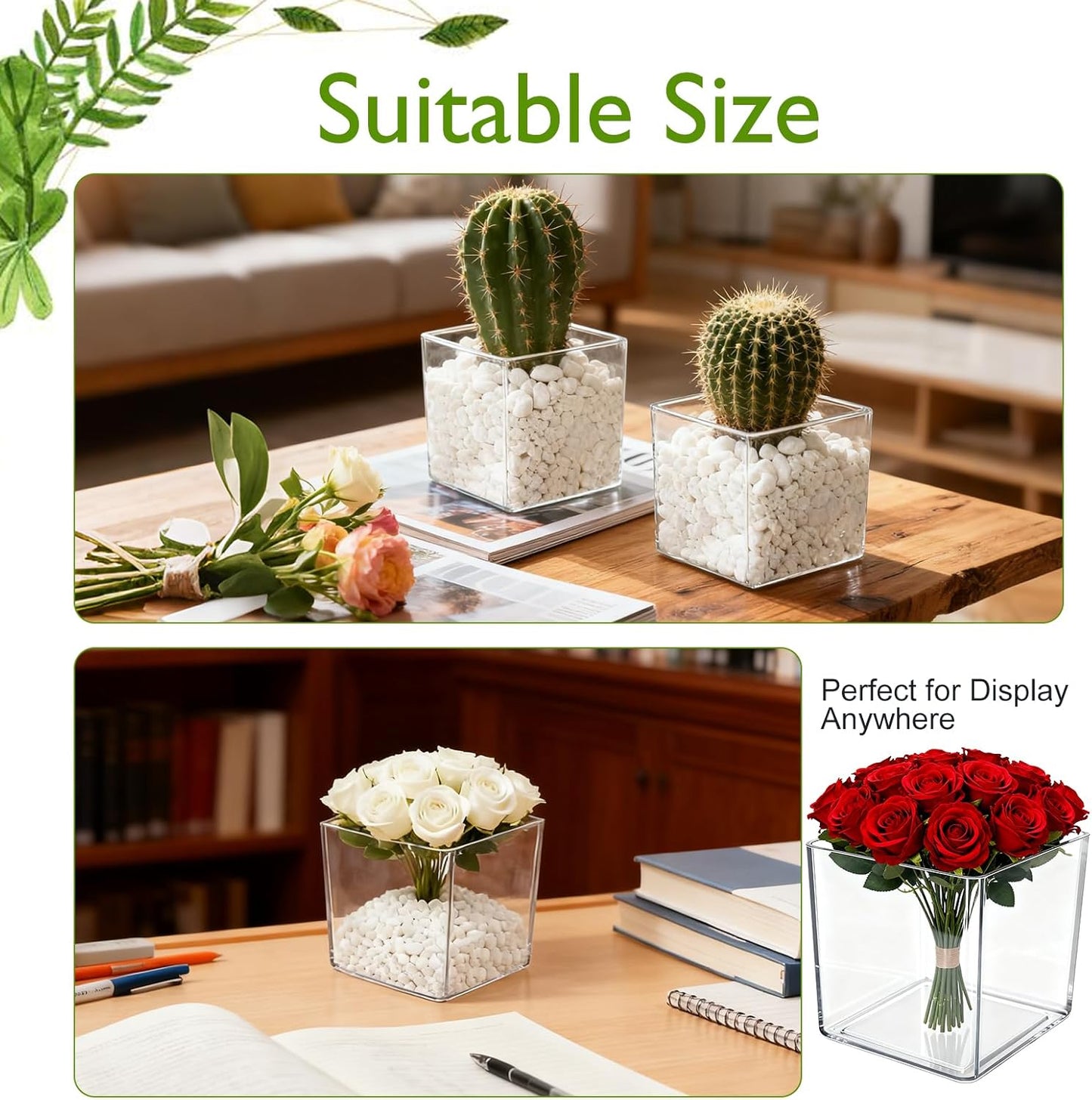 12 Pcs Clear Square Vase Bulk, 5 x 5 Inch Acrylic Plastic Vases, Cube Floral Container, Succulent Pots Planters Decor Container, for Room Office Wedding