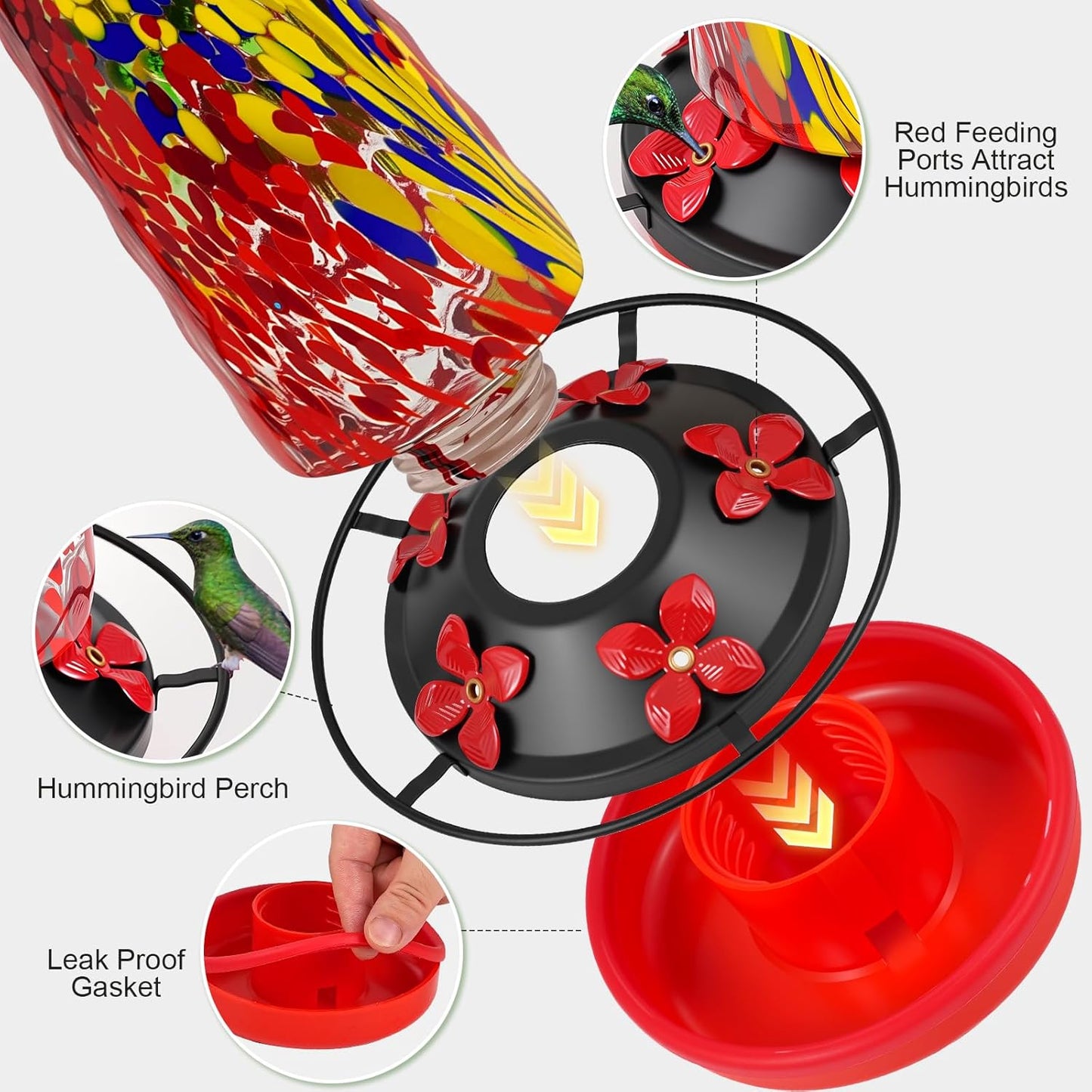 Hummingbird Feeders for Outdoors Hanging, 21 Ounces Glass Nectar Feeder with Ant Moat and 5 Bee Guard Feeding Ports, Leak Proof