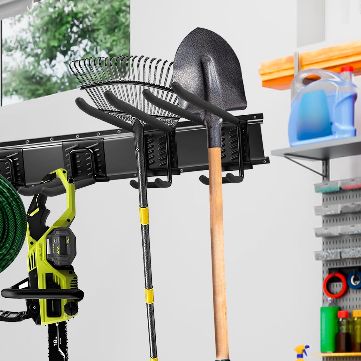 Garage Tool Organizer Wall Mount 48 inches Sturdy Storage Rack with Adjustable Hooks, Anti-Rust - Easy Installation, 12 Packs Capacity Garden Tool Organizer