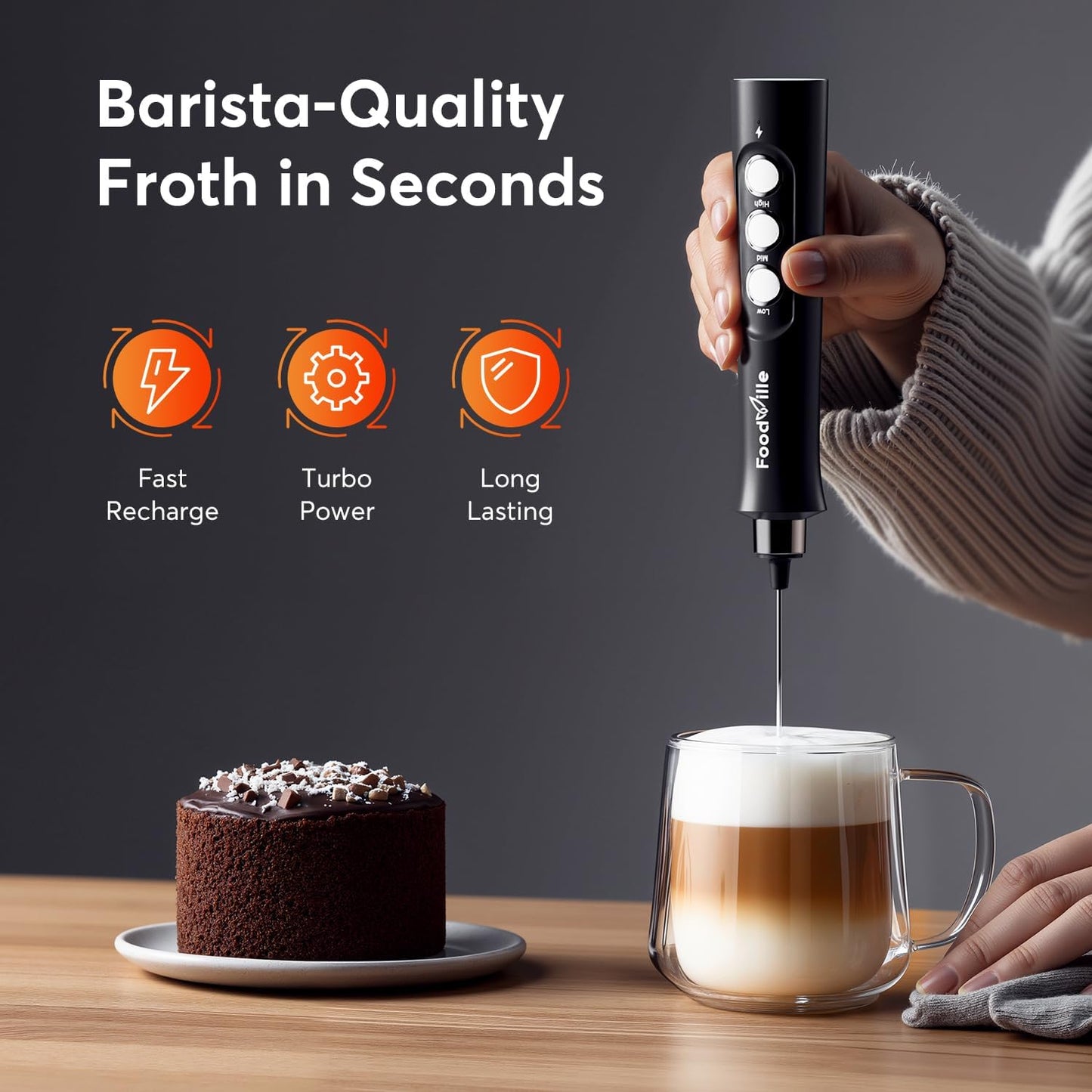MF02 Rechargeable Milk Frother Handheld Foam Maker with Stainless Whisk for Cappuccino, Latte, Bulletproof Coffee, Keto Diet, Protein Powder, Matcha