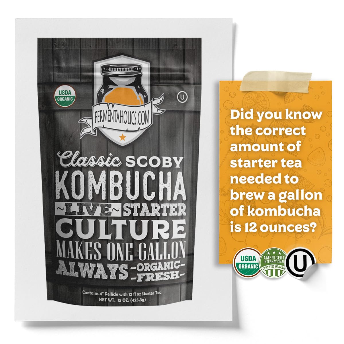 Fermentaholics ORGANIC Kombucha SCOBY With Twelve Ounces of Starter Tea - Live Starter Culture - Makes A One Gallon Batch - 1.5 Cups of Strong Mature Starter Tea - Brew Your Own Kombucha (1 Pack, 1, Count)