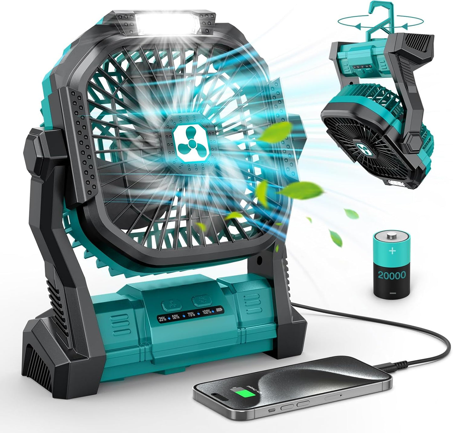 ONLYNEW Portable Fan Rechargeable, 20000mAh Cordless Battery Powered Fan with LED Lantern, USB C Battery Operated for Travel Bedroom Home Camping Tent Office Beach Desk Fishing Table