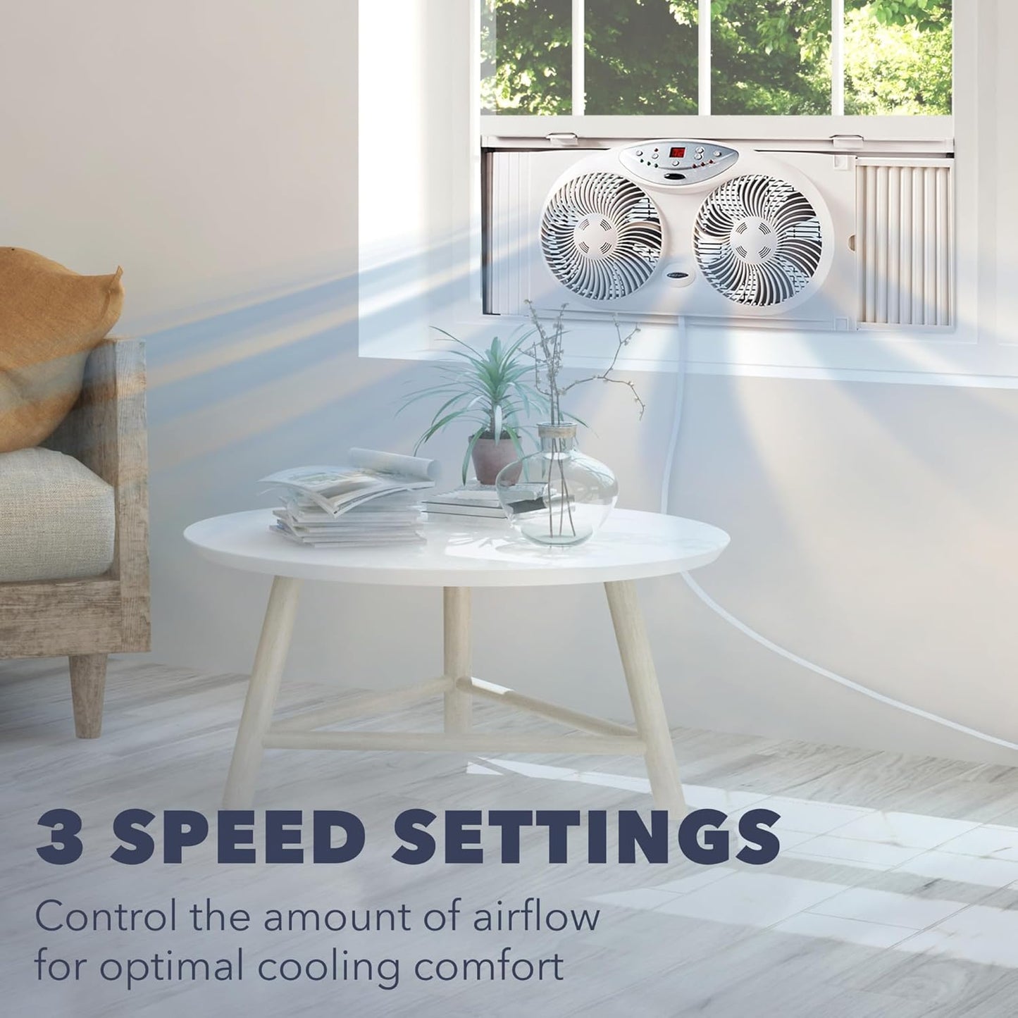 Bionaire Window Fan with Reversible Airflow Blades – 3-Speed Settings, Programmable Thermostat, LED Display, Remote Control, Fits 24–36" Windows, No Assembly Required