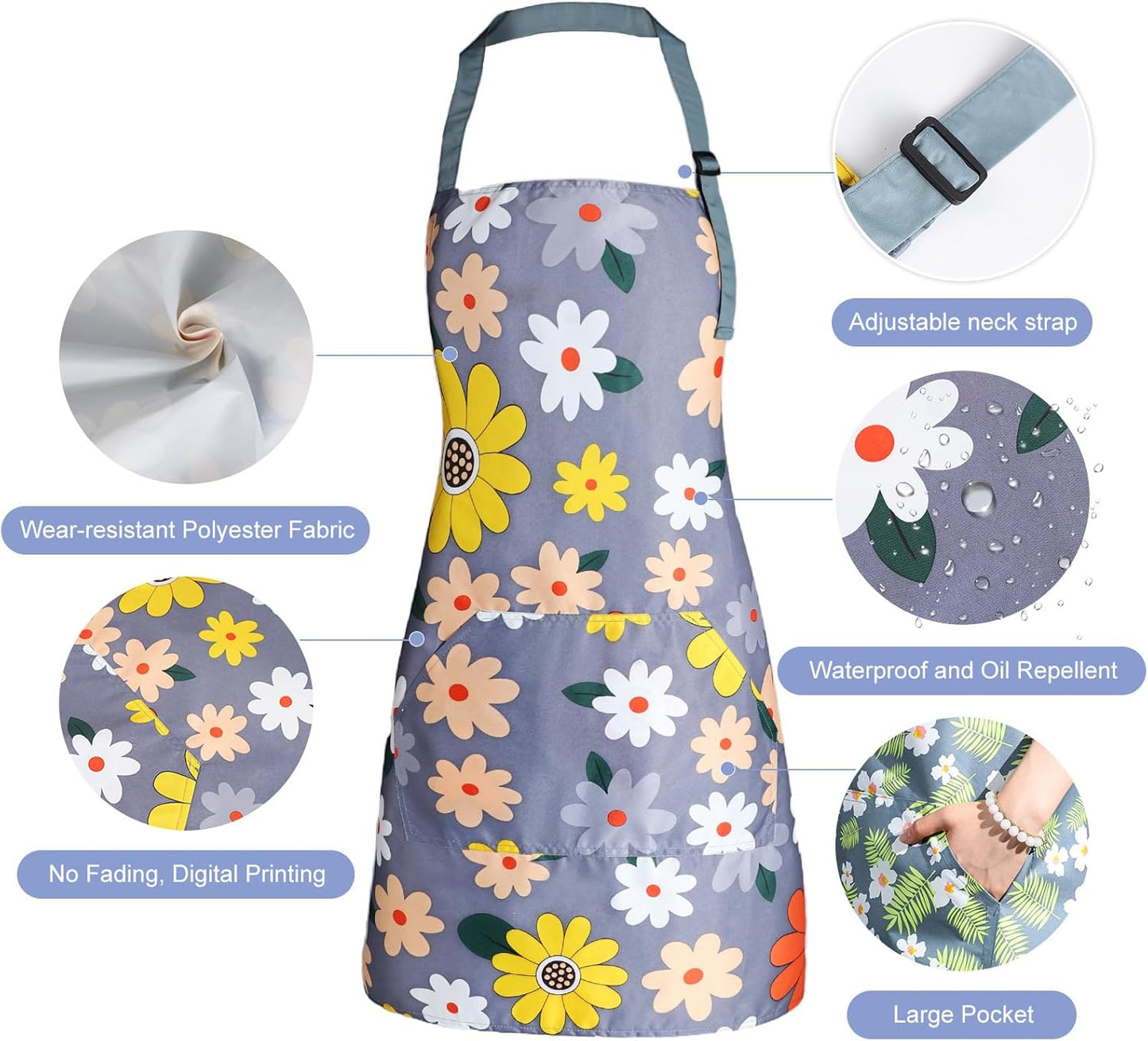 Apron for Women with Pockets, Adjustable Waterproof Floral Chef Aprons