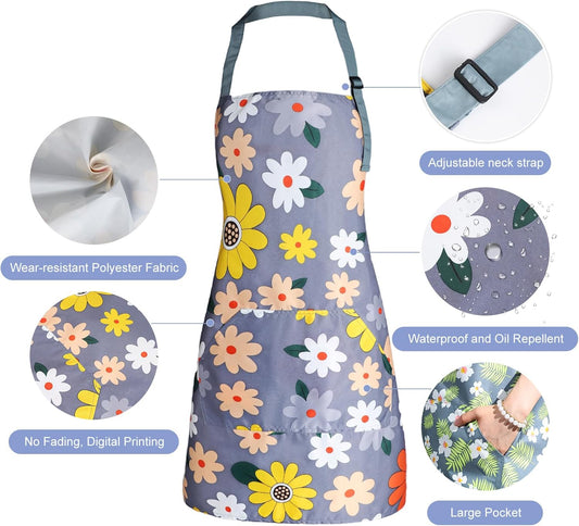 Apron for Women with Pockets, Adjustable Waterproof Floral Chef Aprons