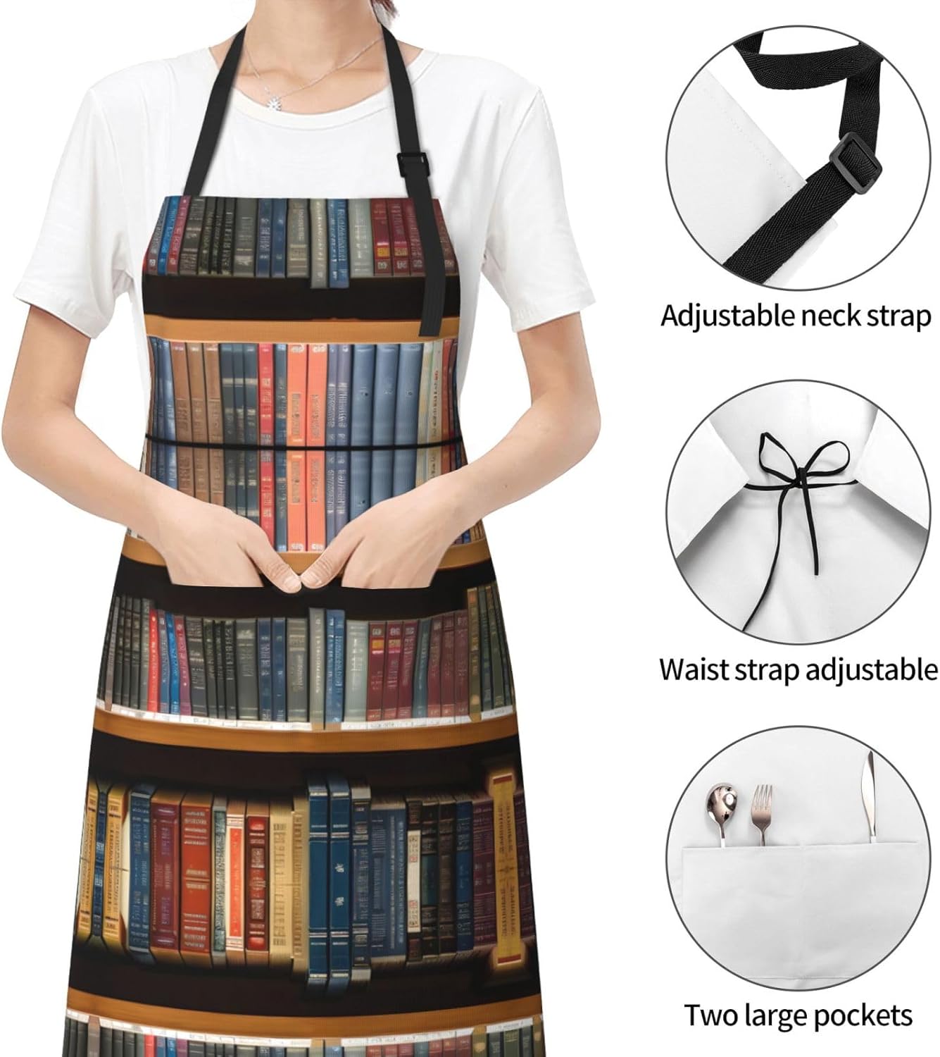 library bookshelf 1 print Waterproof chef's apron with pocket apron for kitchen cooking baking barbecue and gardening