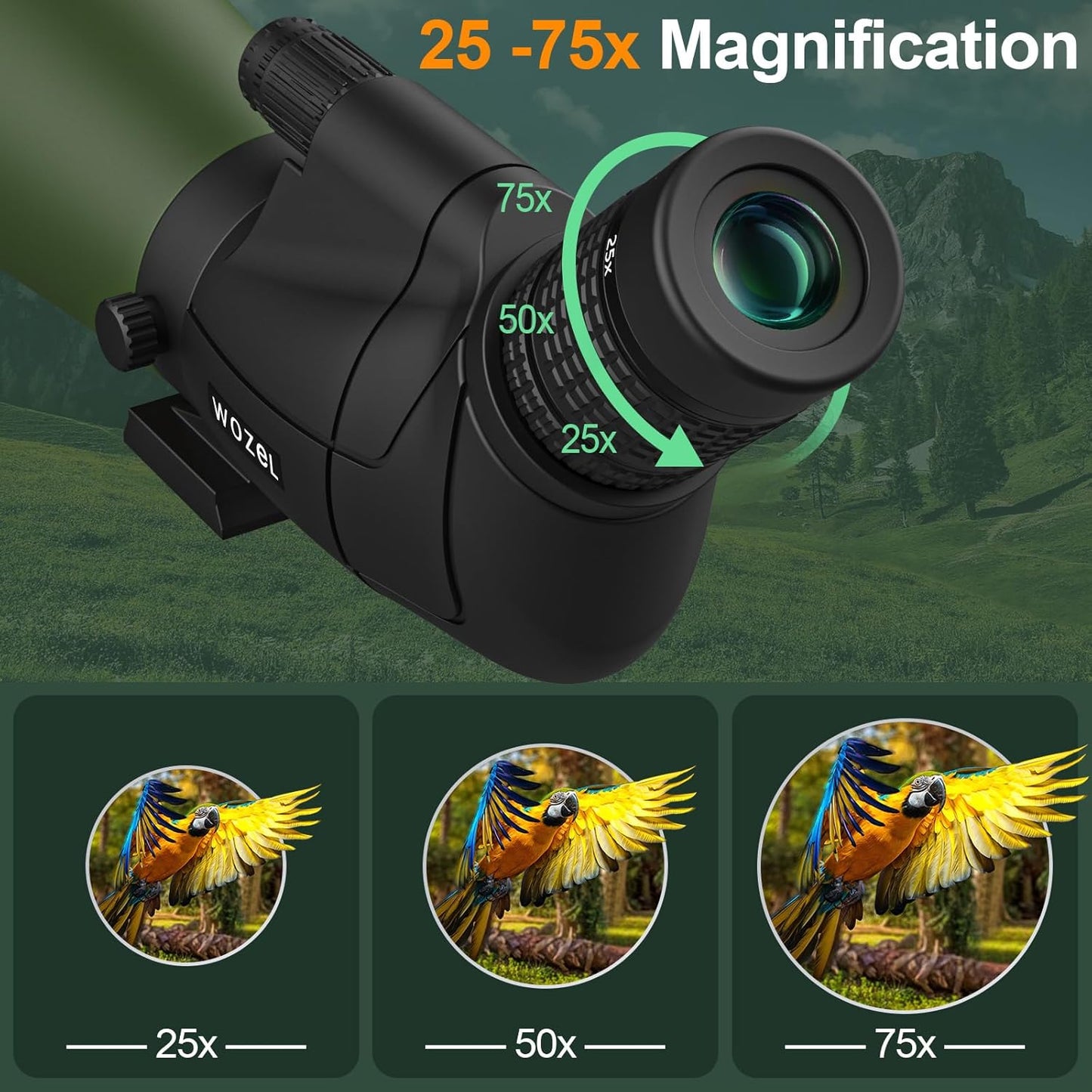 WOZEL 25-75x80 Spotting Scope with Tripod - Phone Adapter & Carrying Bag Included, HD BAK4 Prism Waterproof Spotter Scope for Target Shooting, Bird Watching & Wildlife Viewing