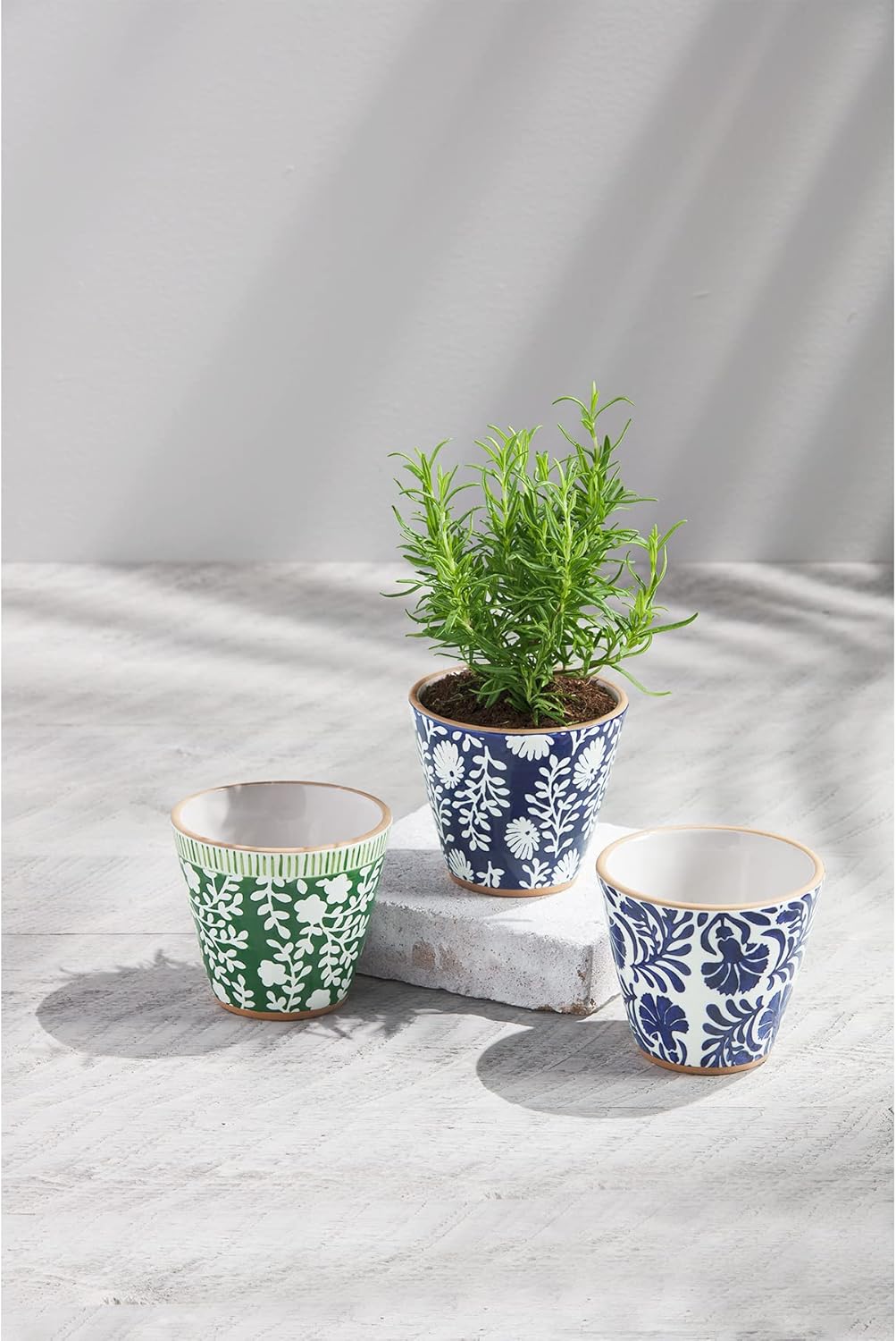 Mud Pie Indigo Small Pot, Green Floral, 4" H x 4.5" dia