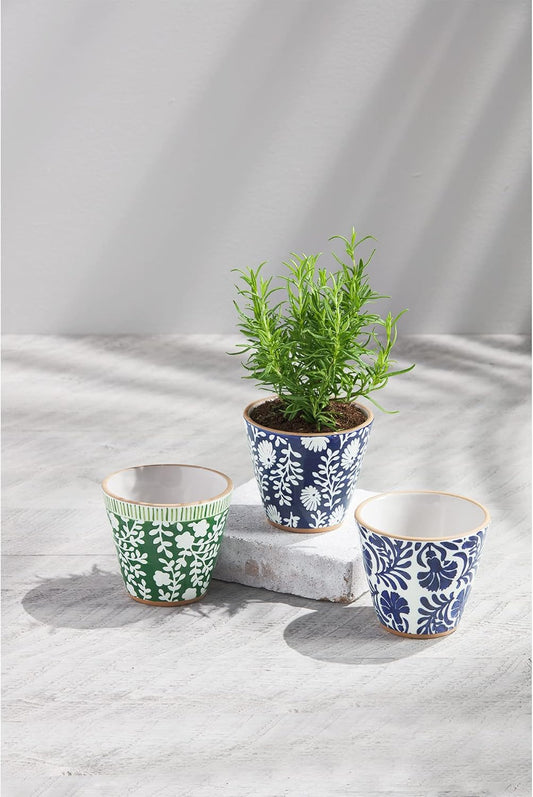 Mud Pie Indigo Small Pot, Green Floral, 4" H x 4.5" dia