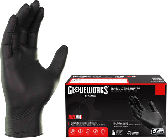 GLOVEWORKS Black Nitrile Gloves 5 Mil Disposable, Latex Free, Textured Grip for Food Service, Cooking, Professional Cleaning