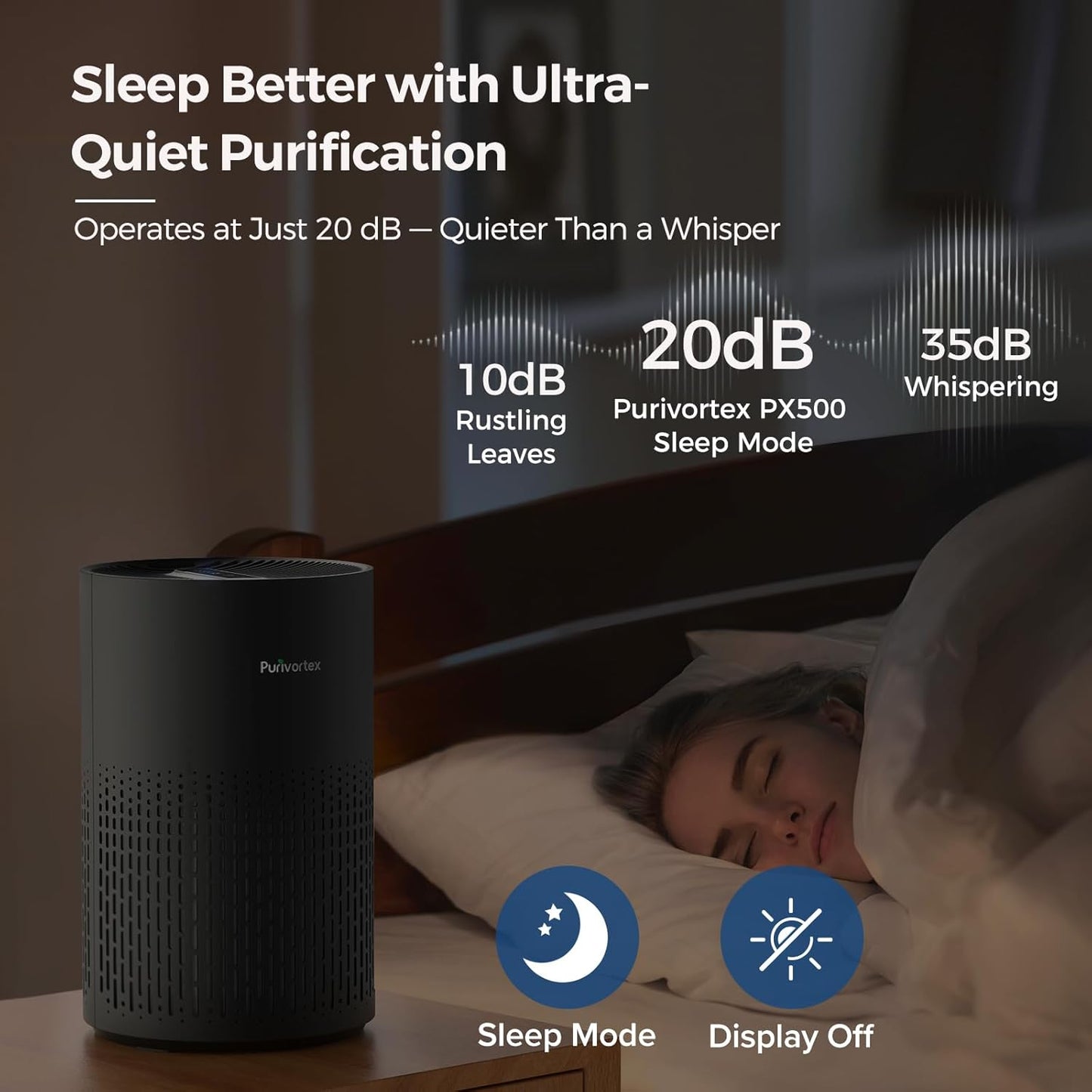 Purivortex Air Purifiers for Bedroom, Quiet Air Purifier with HEPA Filter for Pollen, Smoke, Dust, Pet Dander, Odor, Hair, Ozone Free, Covers Up to 880 Sq Ft, PX500 Black