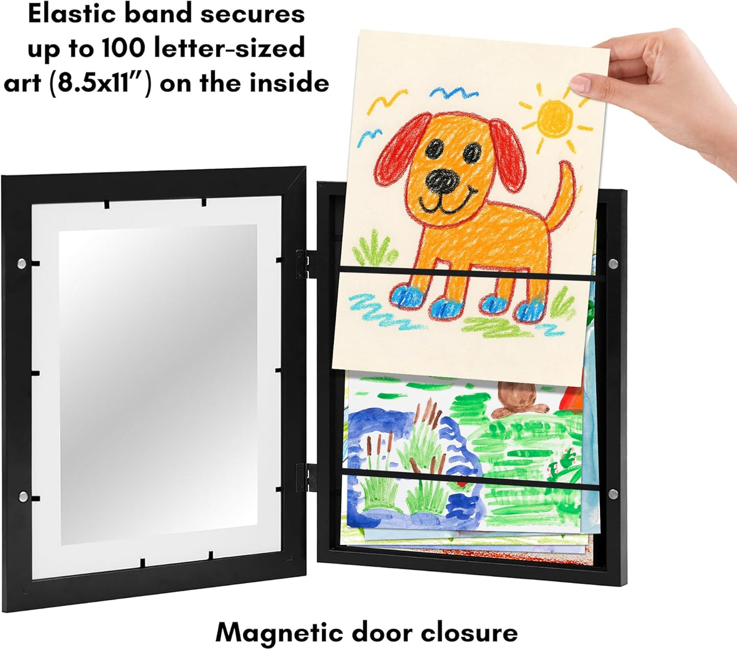 Americanflat Kids Artwork Frame Changeable (Black) - Magnetic Door Holds 100 Art Pieces - 8.5x11 Letter Size Display with Mat or 10x12.5 Without Mat - My Mini Masterpiece