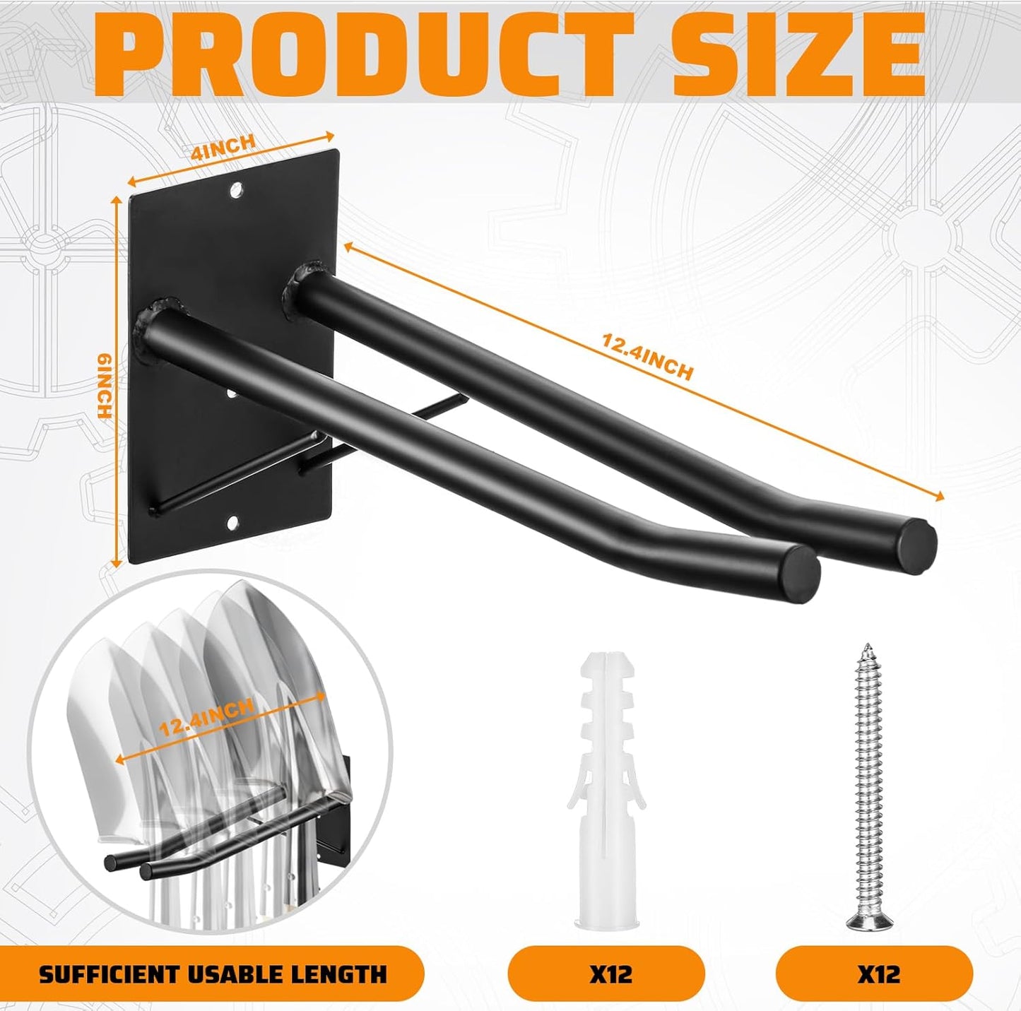 12.6'' Heavy Duty Garage Hooks, 4 Pack Garage Storage Hooks with Support Rods, Utility Wall Mount Hangers for Power Tools, Car Tires, Ladders, Chairs, Garden Tools and More