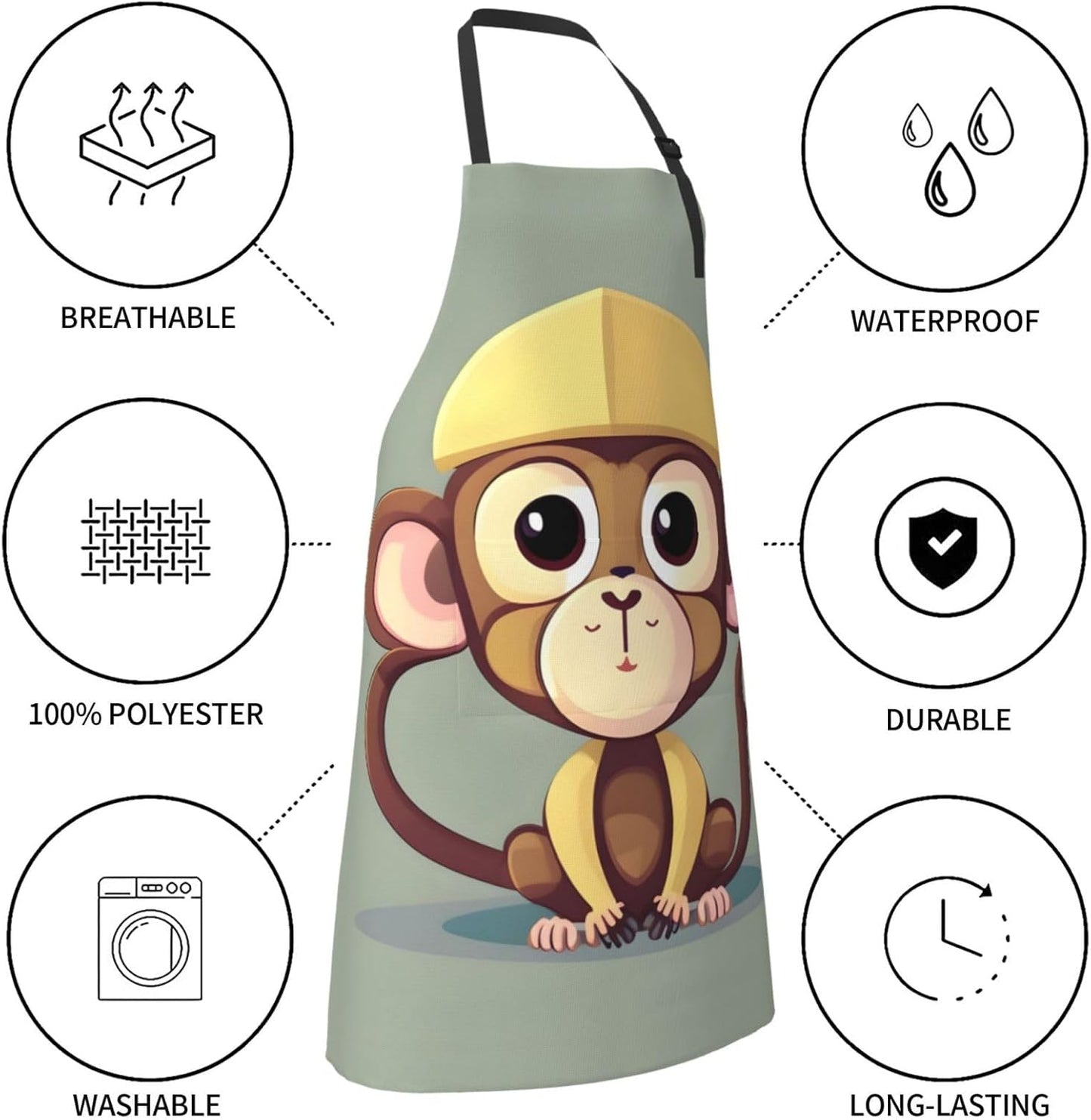Cute Monkey Print Laundry apron 28x33 In Waterproof Kitchen Apron with Pockets for Cooking Baking